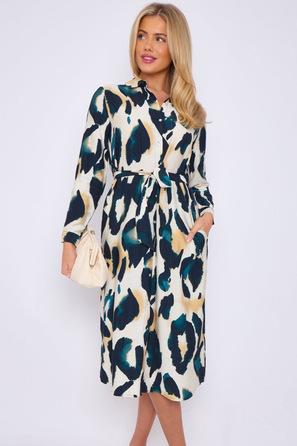 Emerald Leopard Print Linen Textured Midi Shirt Dress