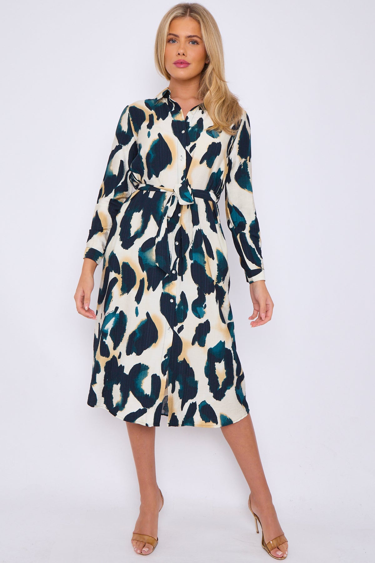 Emerald Leopard Print Linen Textured Midi Shirt Dress