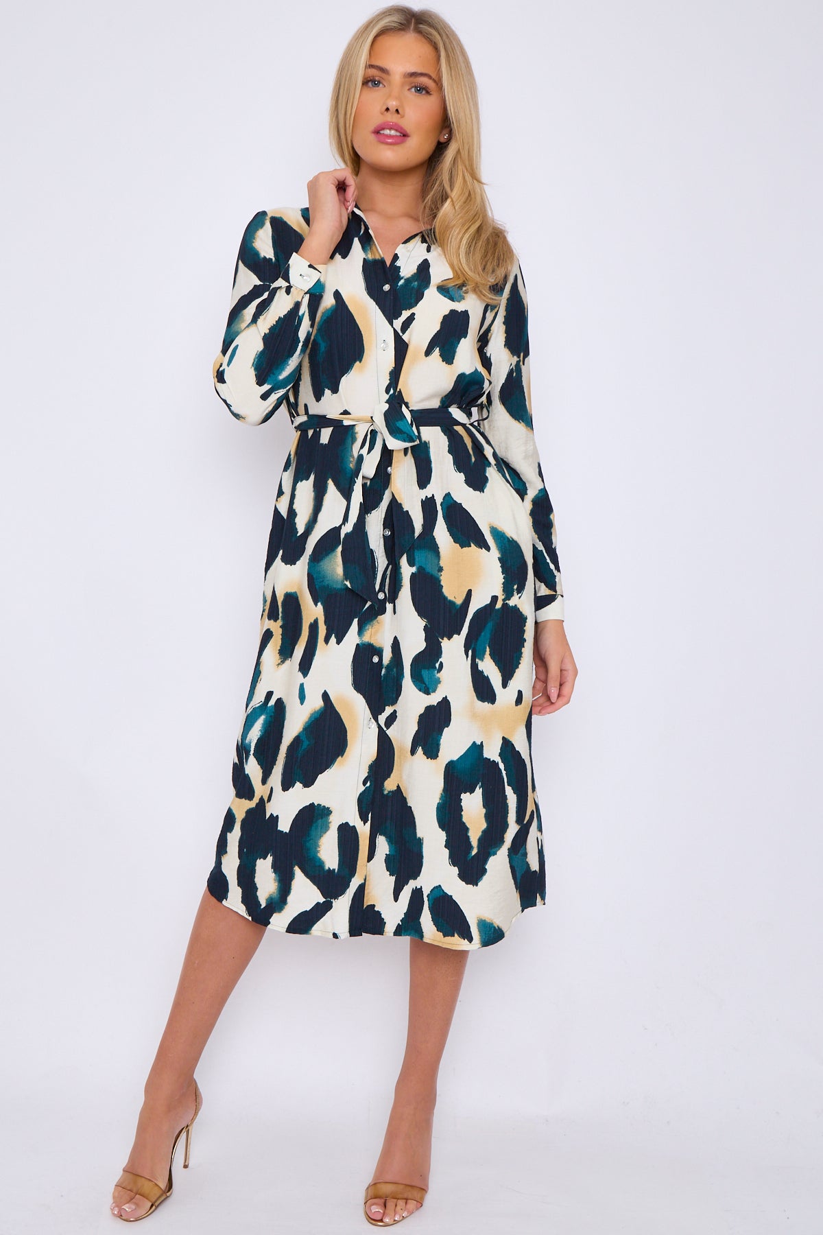 Emerald Leopard Print Linen Textured Midi Shirt Dress