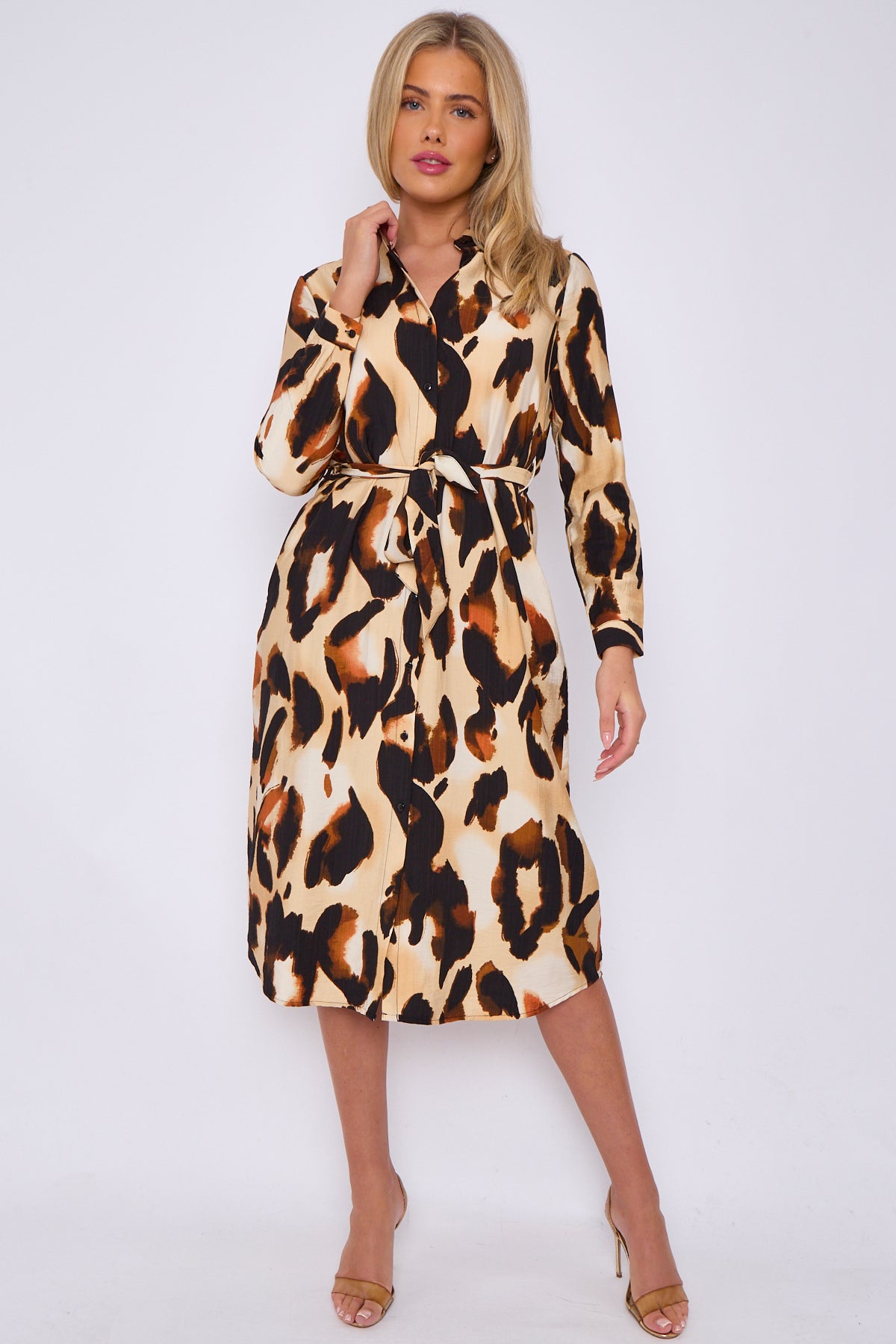 Brown Leopard Print Linen Textured Midi Shirt Dress