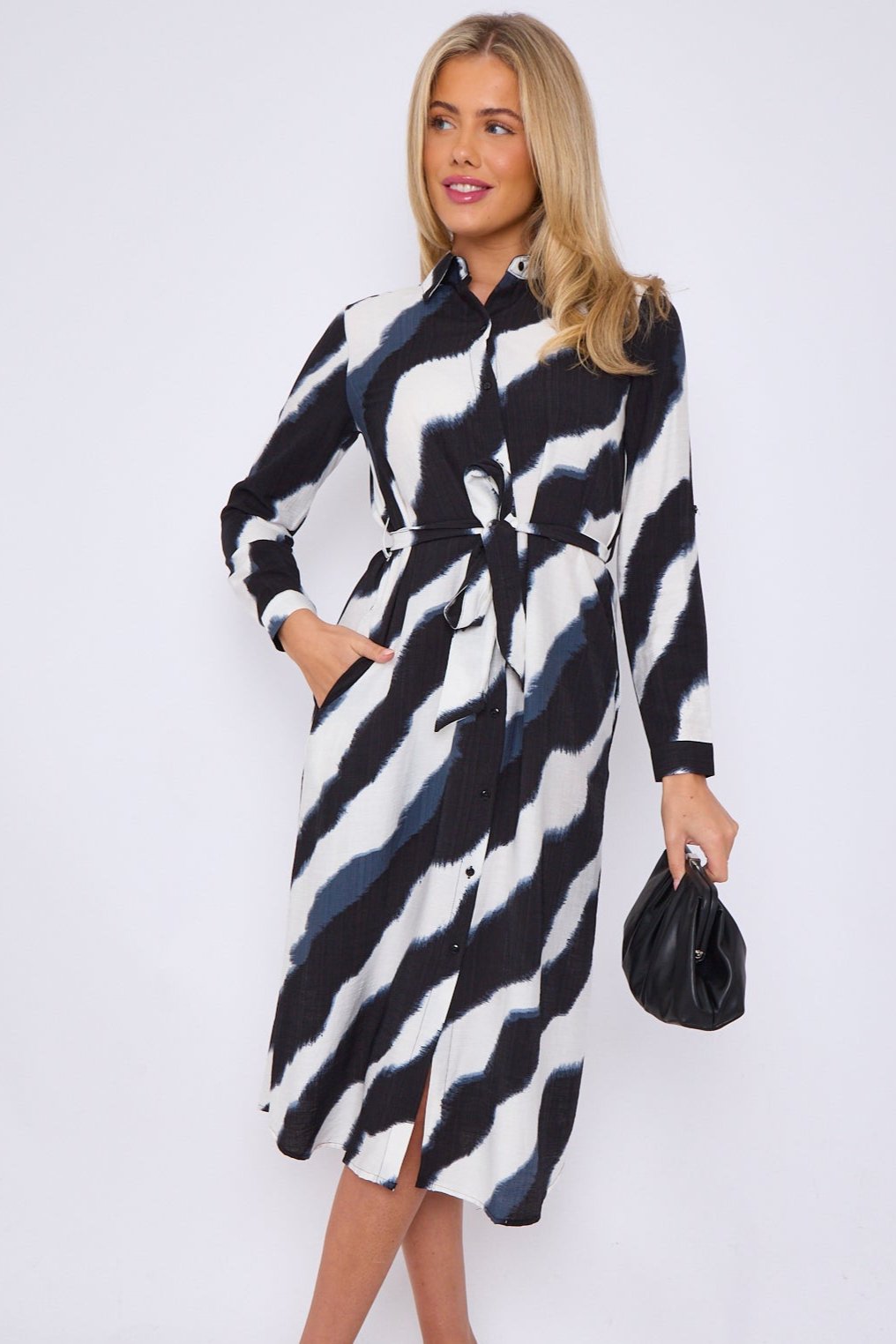 Navy Brushstroke Print Linen Textured Midi Shirt Dress