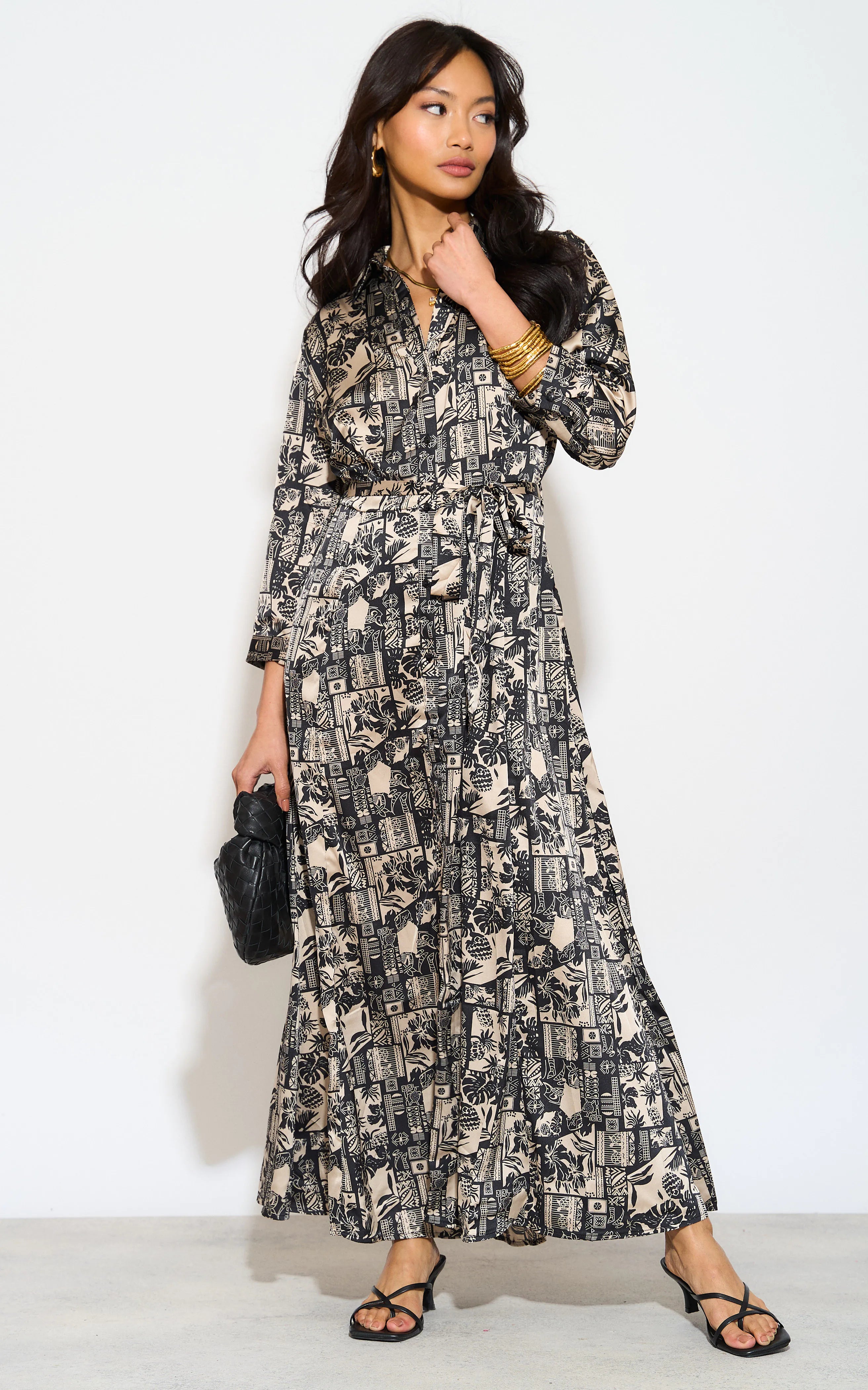 Mono Mixed Scarf Print Satin Maxi Shirt Dress