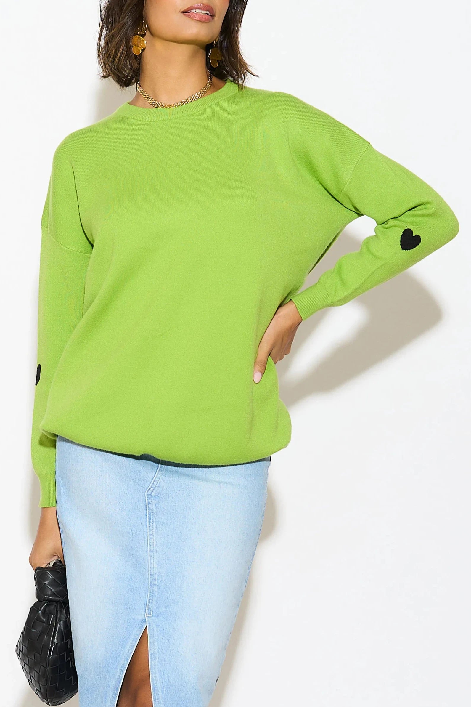 Heart Design Lime Green Oversized Womens Knitted Jumper