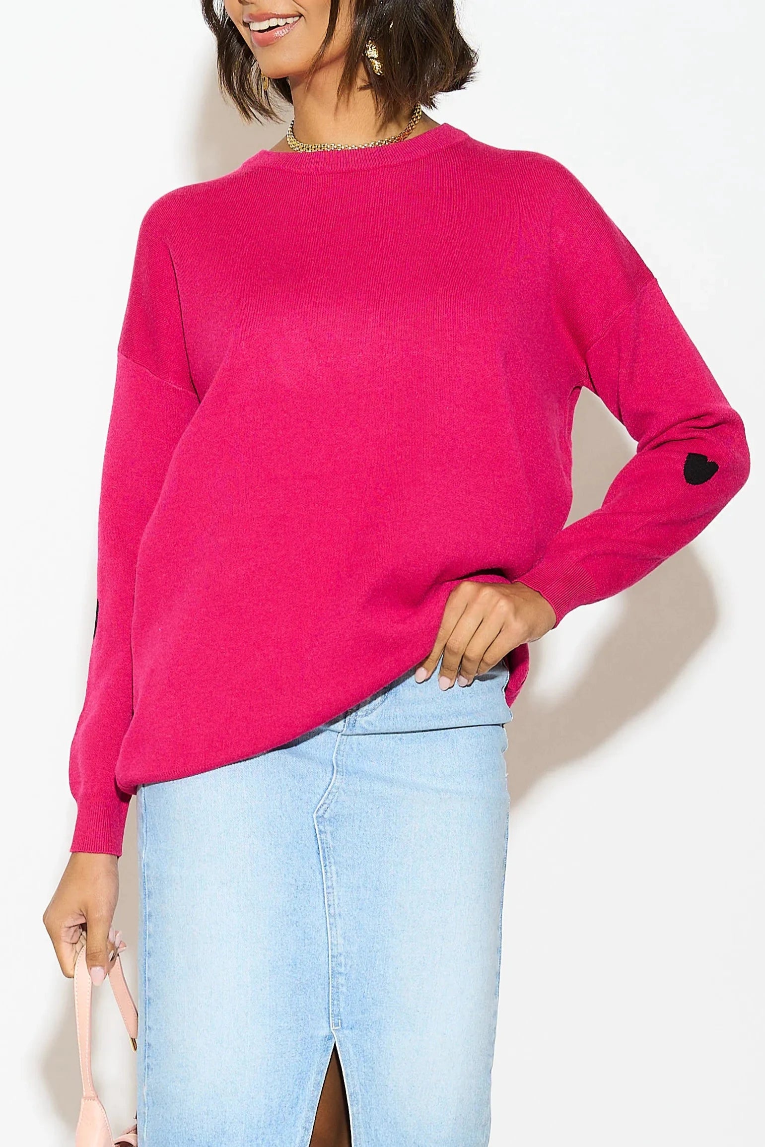 Heart Design Fuchsia Oversized Womens Knitted Jumper