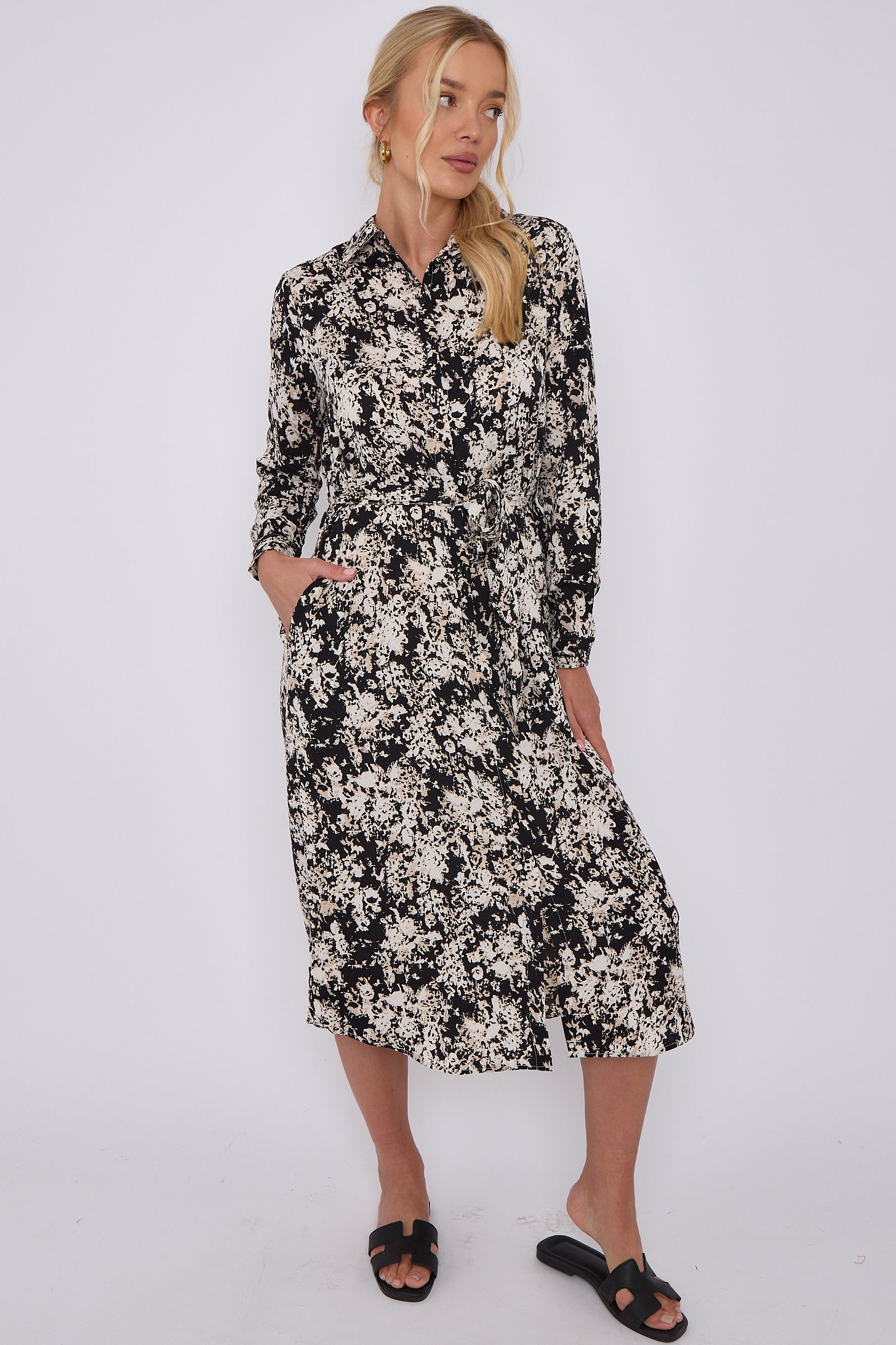 Black Tie Dye Print Long Sleeve Midi Shirt Dress