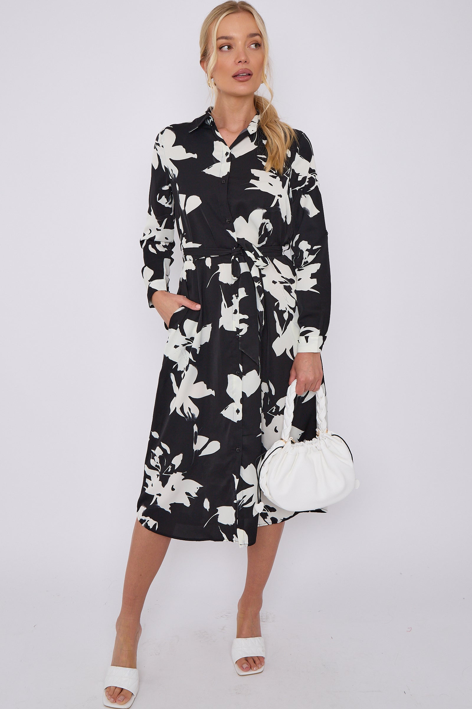 Mono Floral Print Midi Shirt Dress