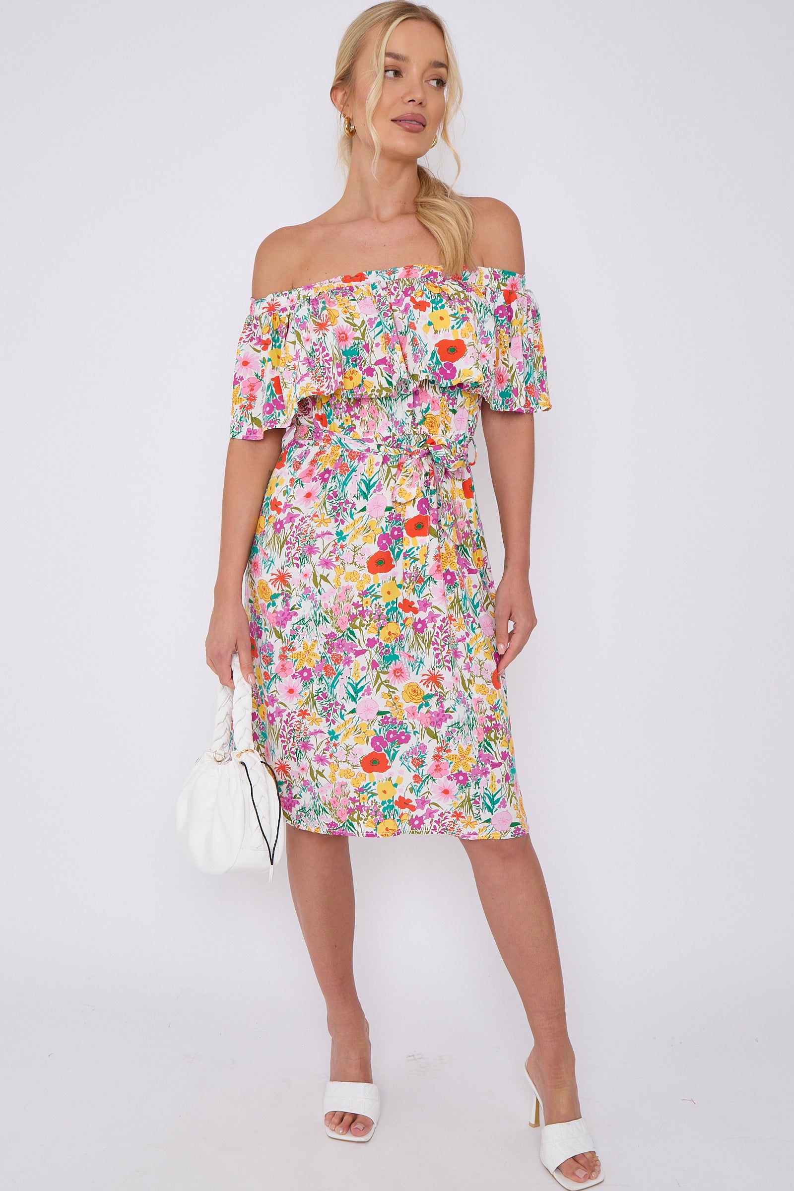 White Floral Print Bardot Mini Dress