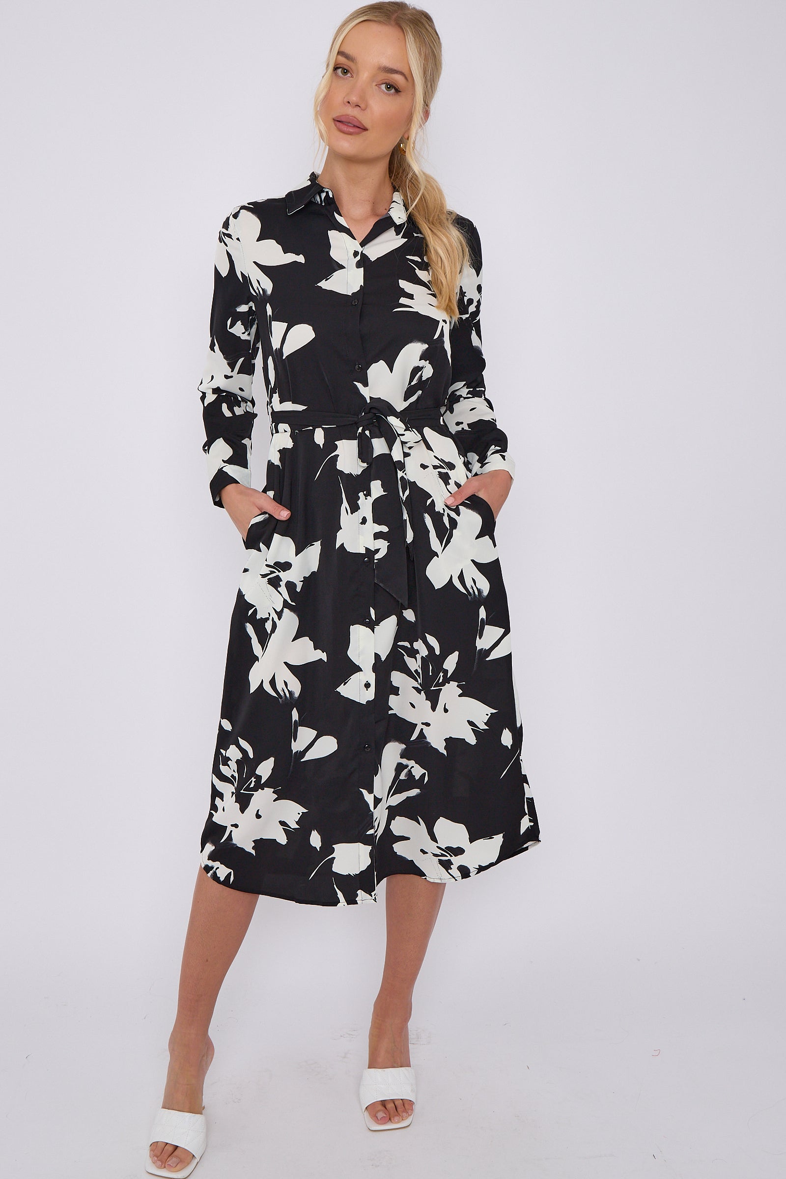 Mono Floral Print Midi Shirt Dress