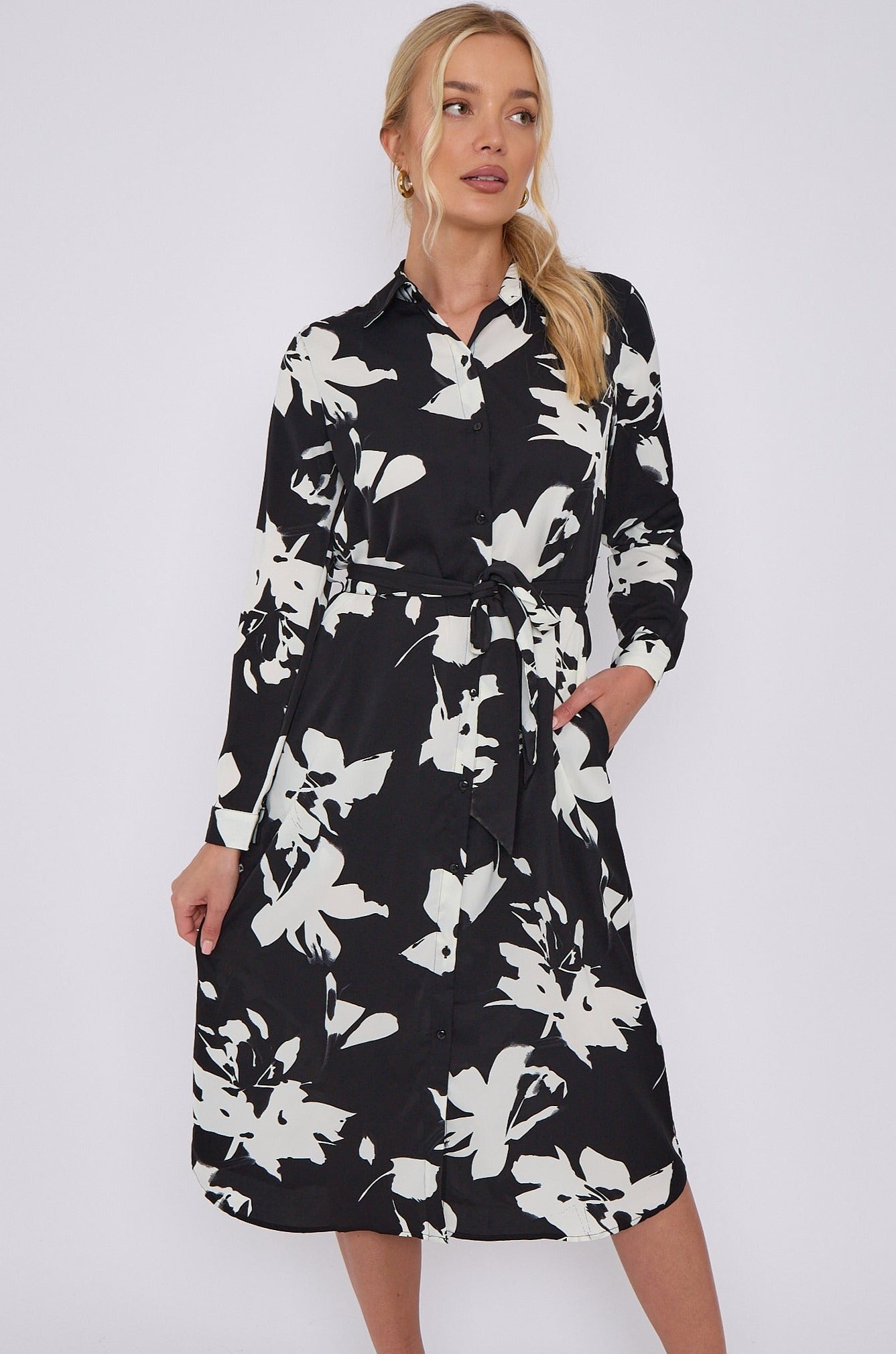 Mono Floral Print Midi Shirt Dress