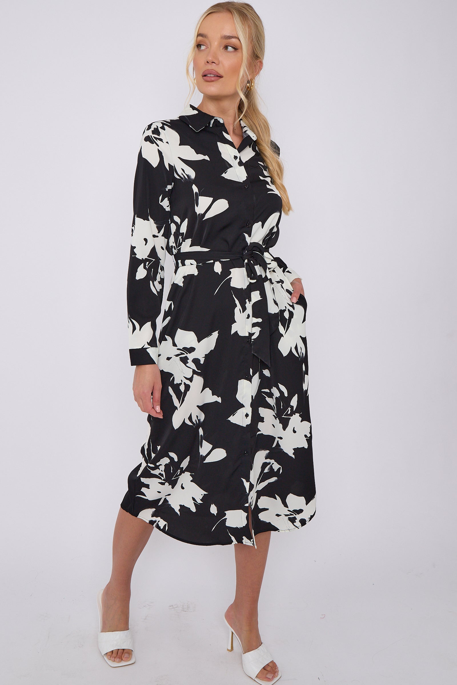 Mono Floral Print Midi Shirt Dress