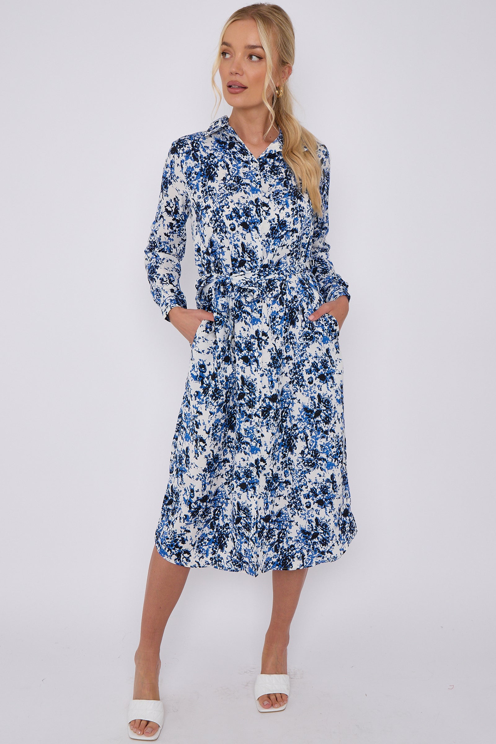 Blue Tie Dye Print Long Sleeve Midi Shirt Dress