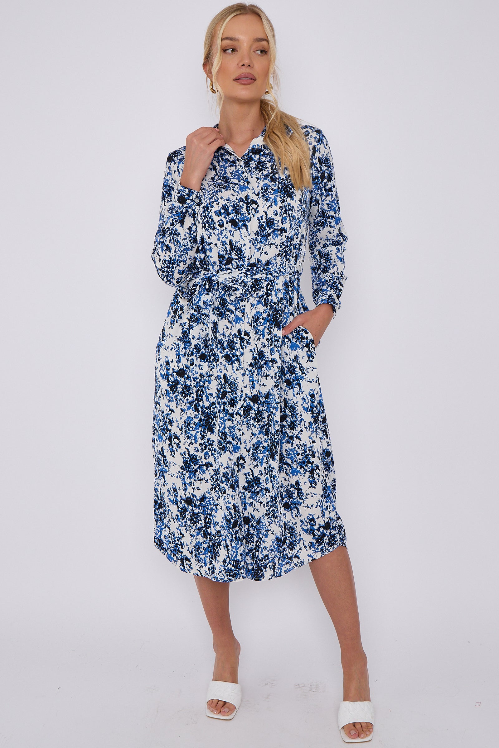 Blue Tie Dye Print Long Sleeve Midi Shirt Dress