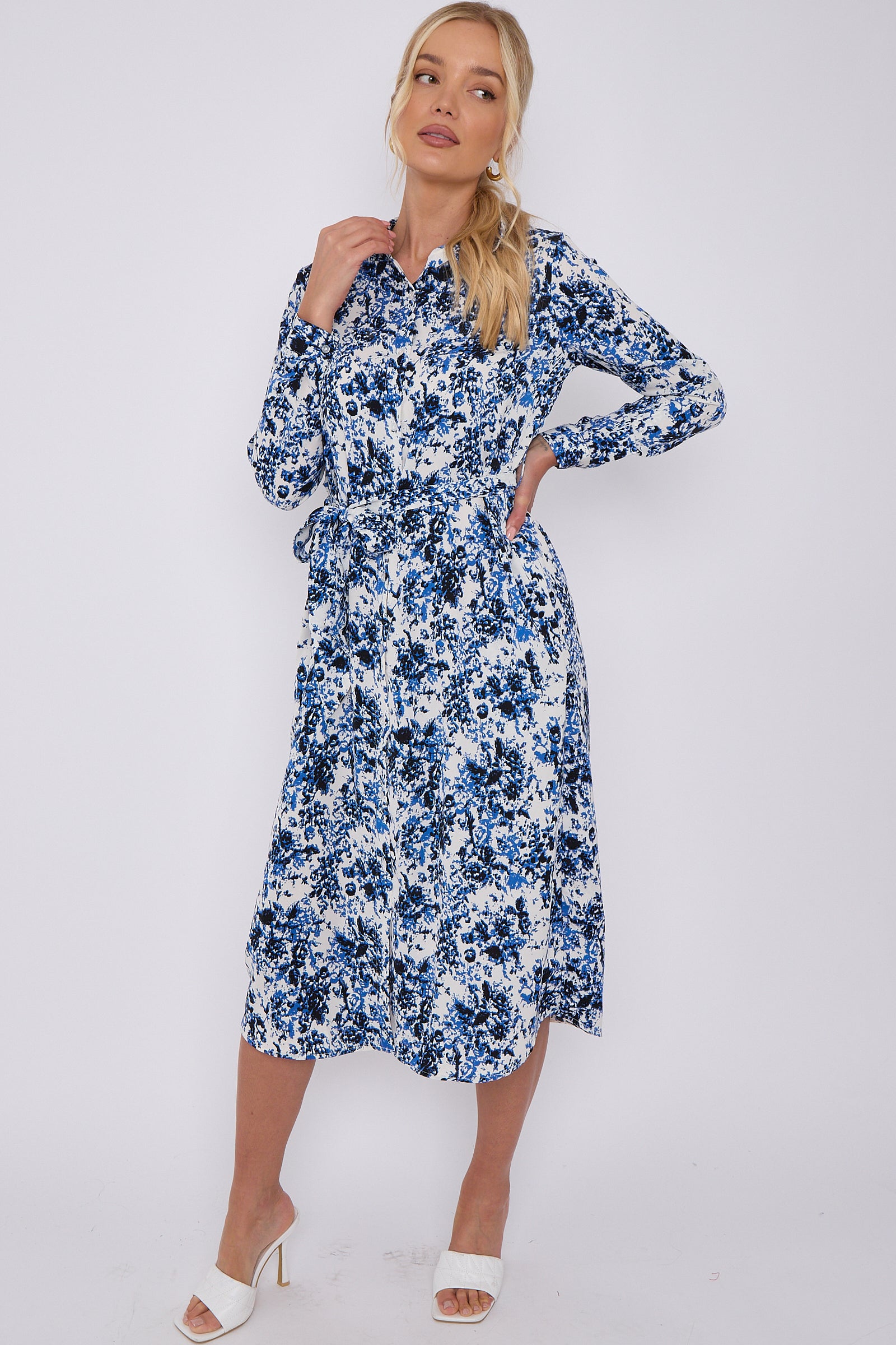 Blue Tie Dye Print Long Sleeve Midi Shirt Dress