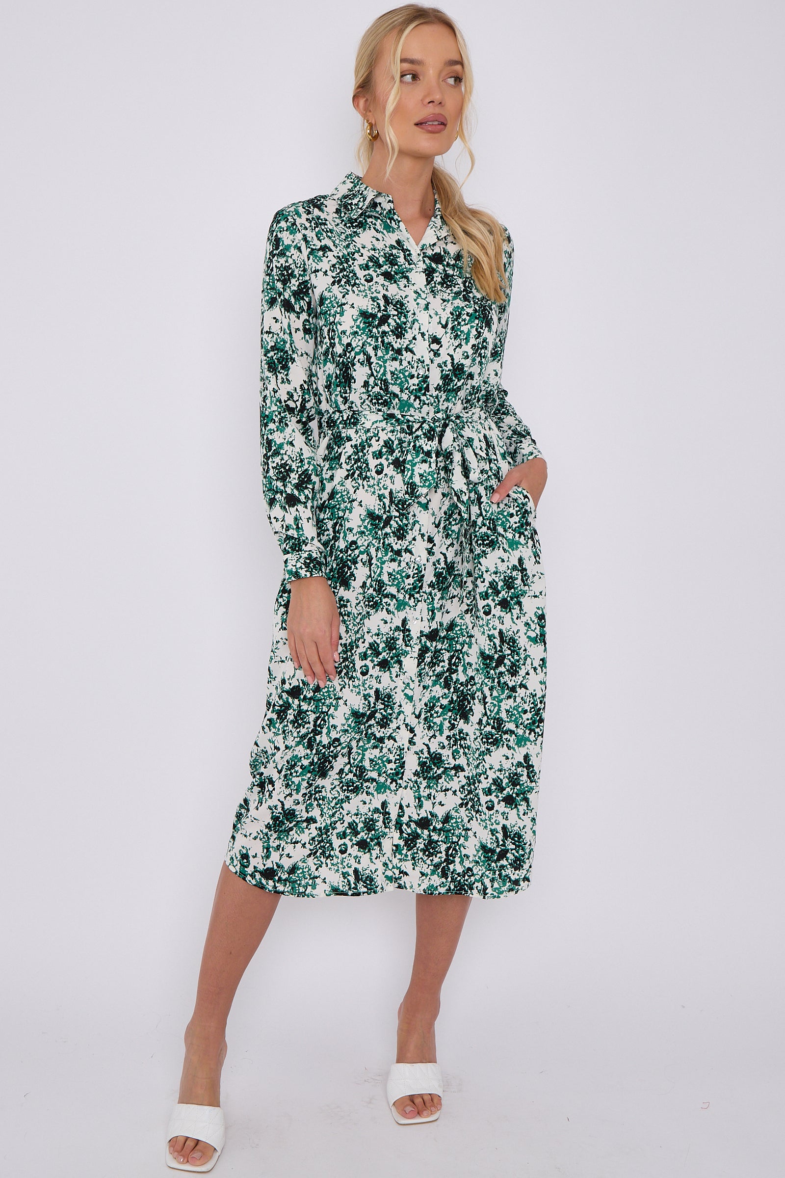 Green Tie Dye Print Long Sleeve Midi Shirt Dress