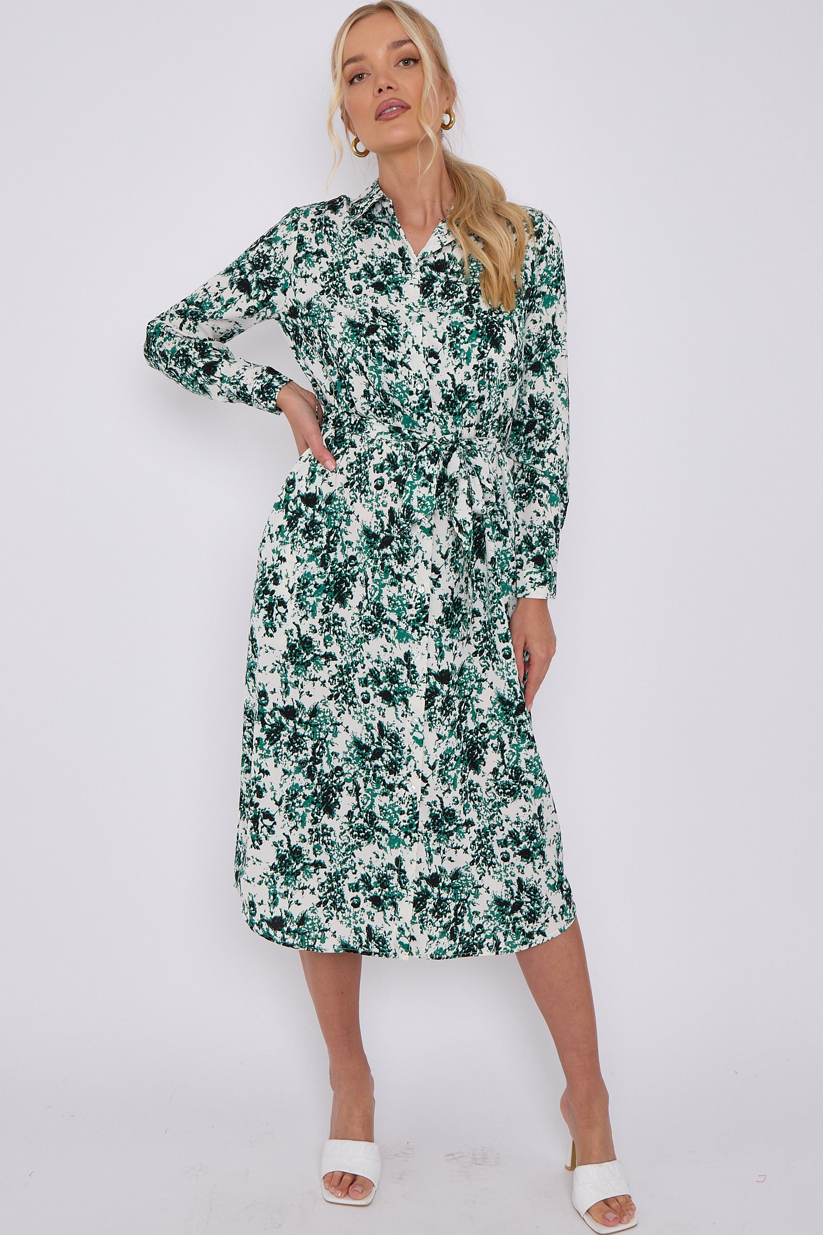 Green Tie Dye Print Long Sleeve Midi Shirt Dress