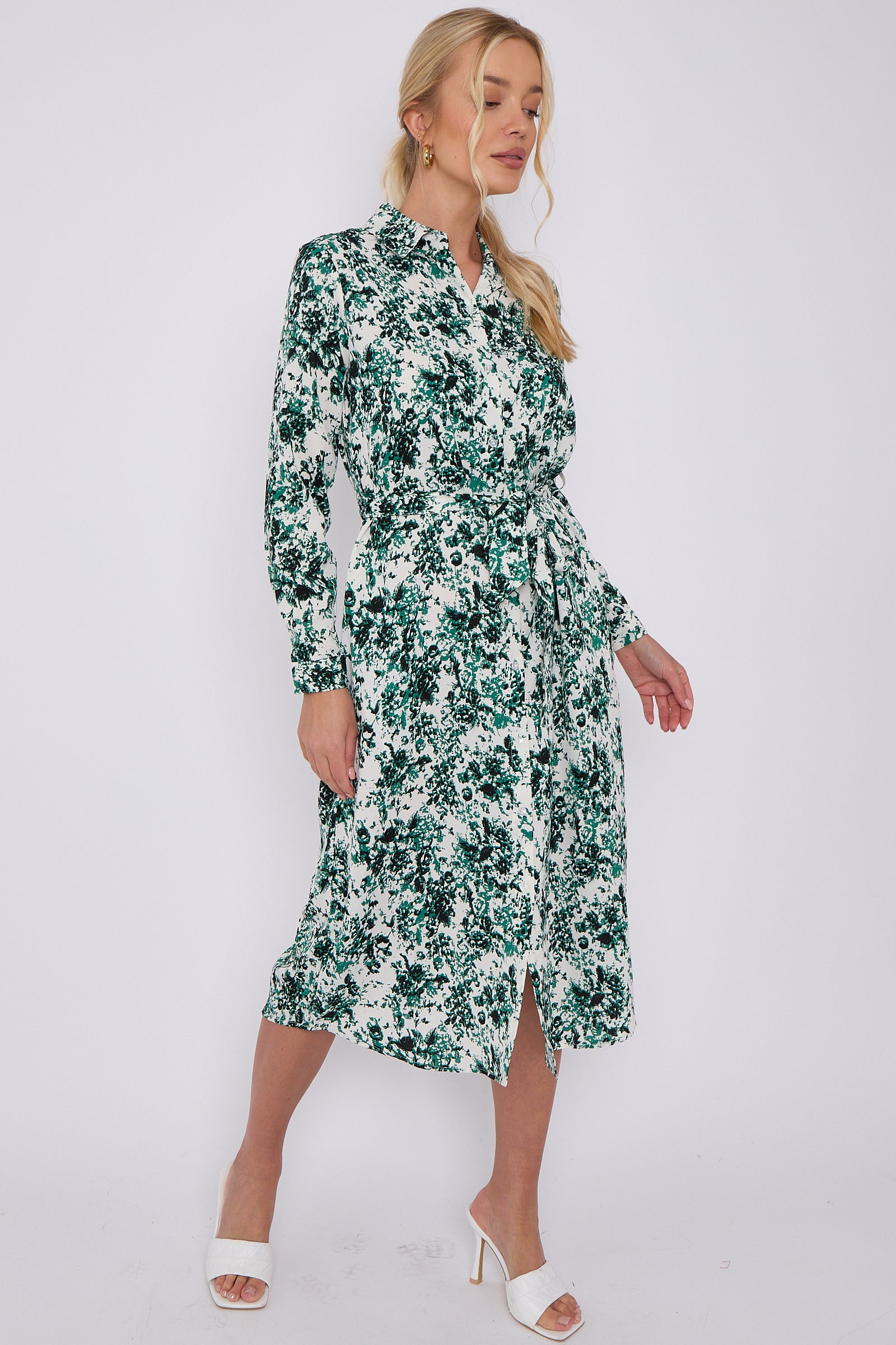 Green Tie Dye Print Long Sleeve Midi Shirt Dress