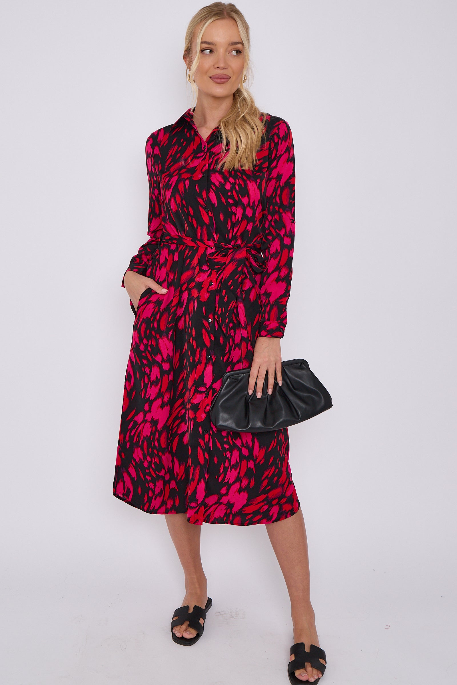 Fuchsia Leopard Print Long Sleeve Midi Shirt Dress