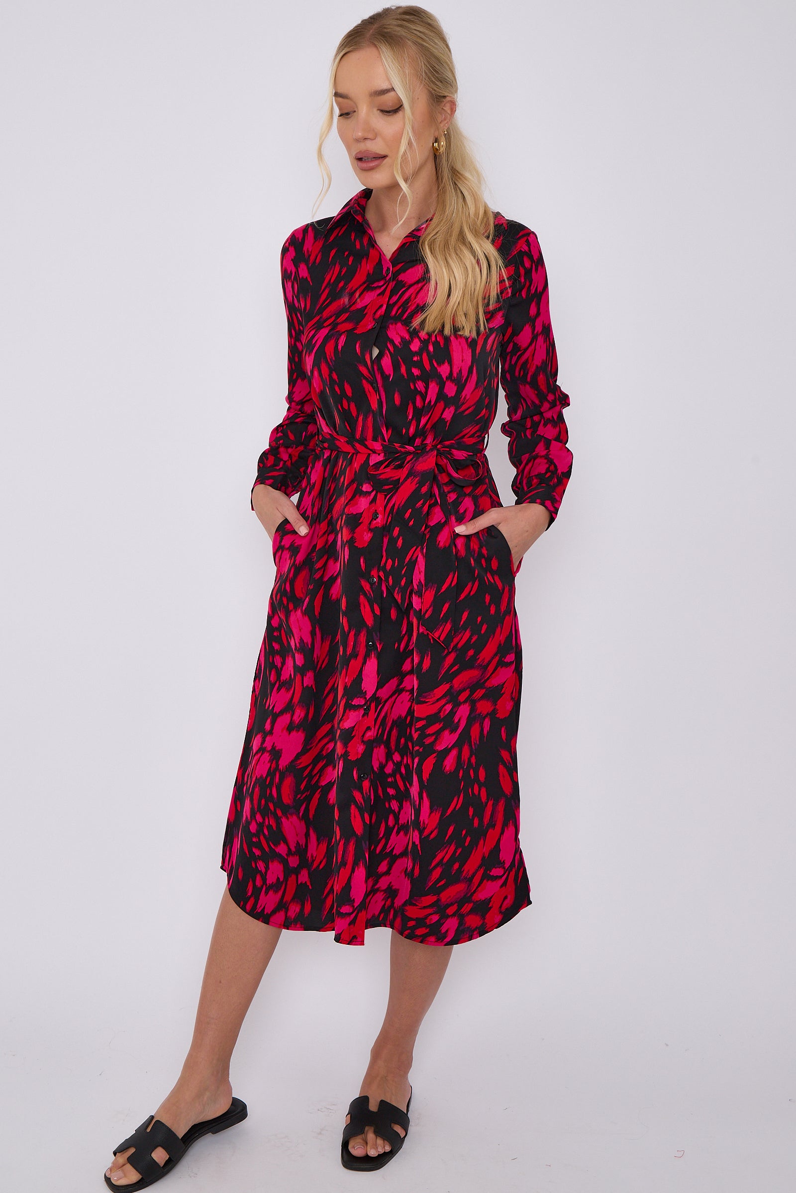 Fuchsia Leopard Print Long Sleeve Midi Shirt Dress