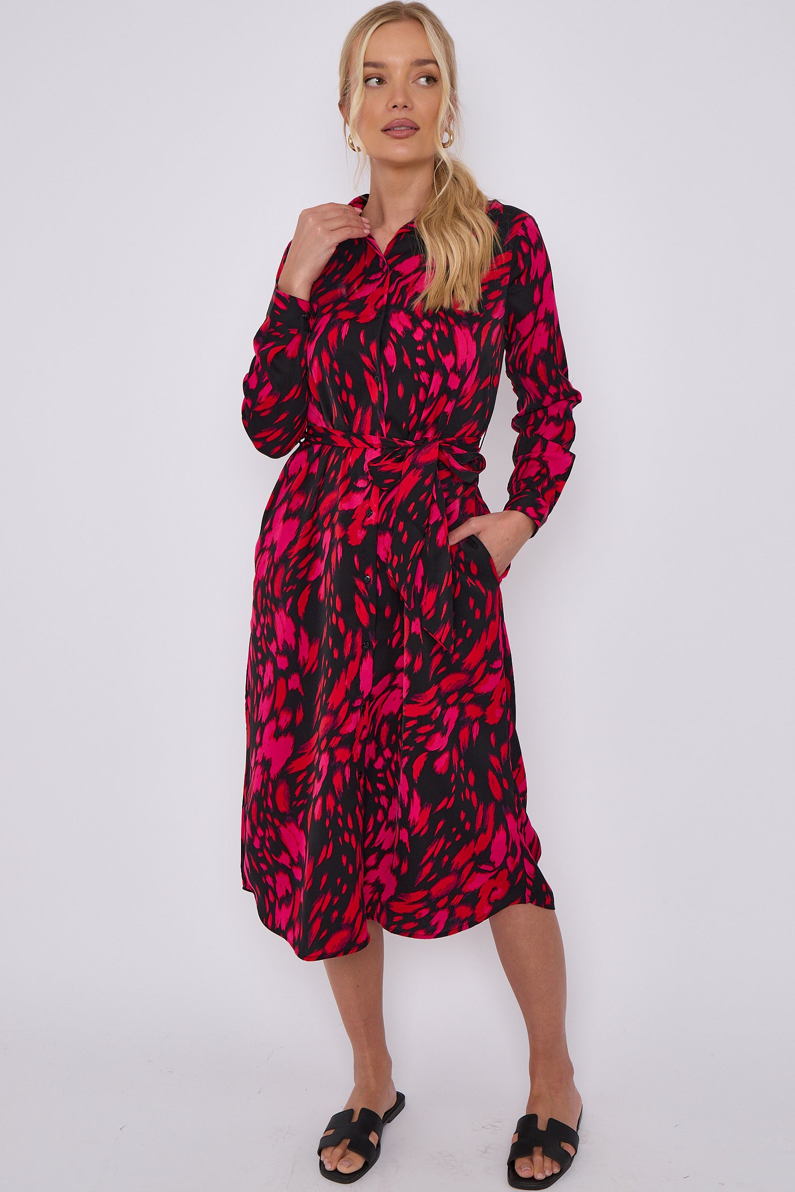 Fuchsia Leopard Print Long Sleeve Midi Shirt Dress