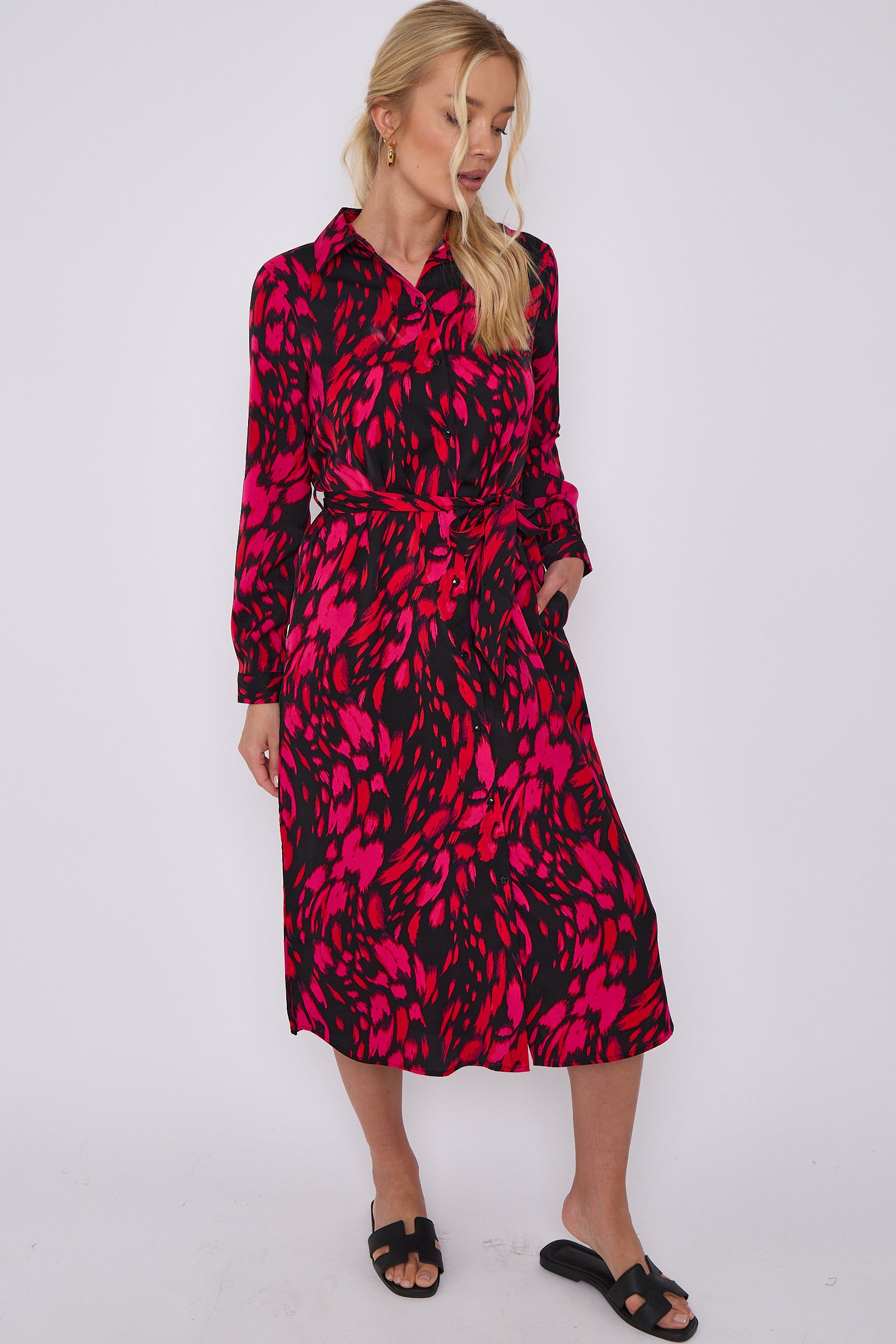 Fuchsia Leopard Print Long Sleeve Midi Shirt Dress