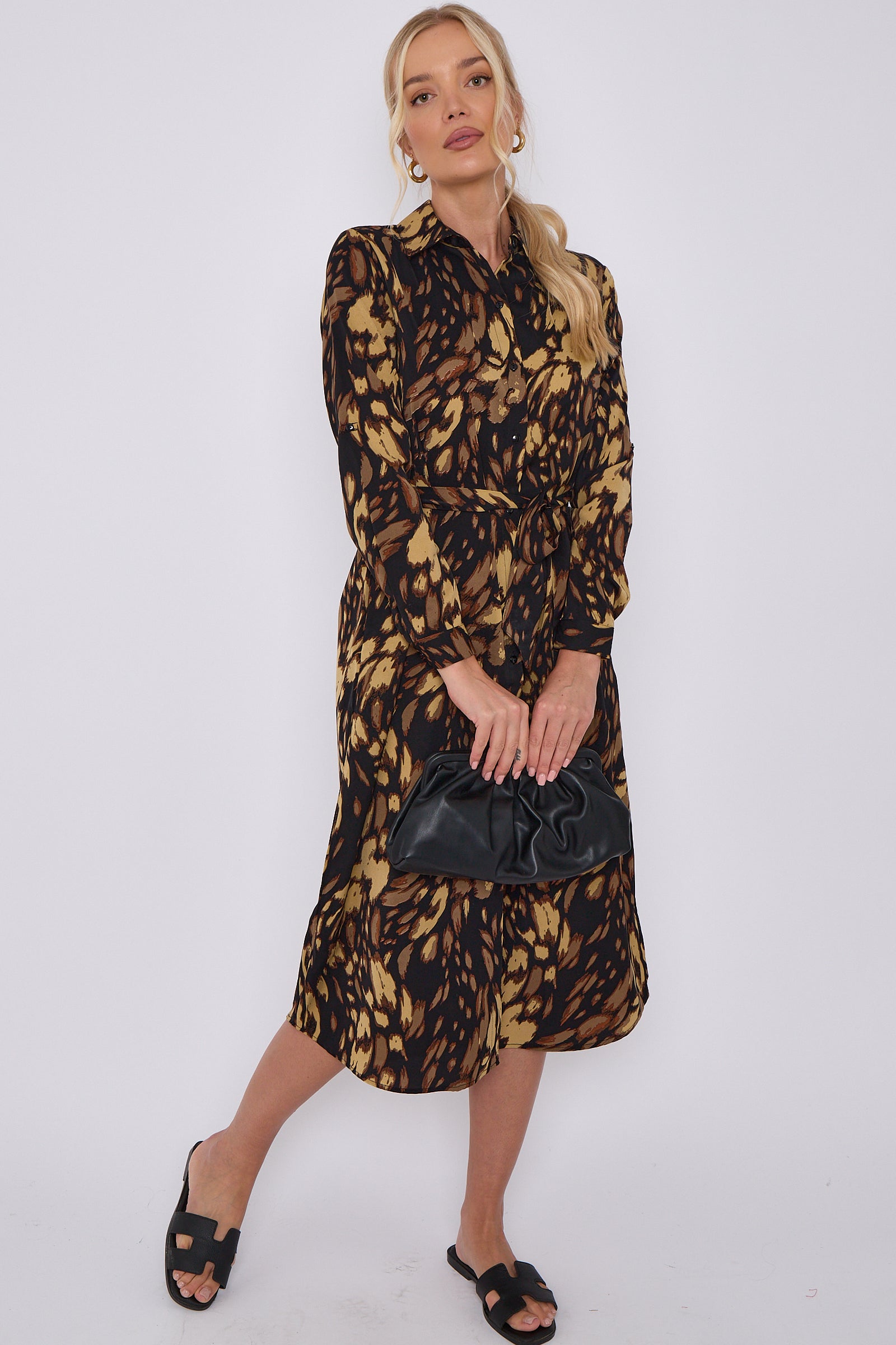 Brown Leopard Print Long Sleeve Midi Shirt Dress