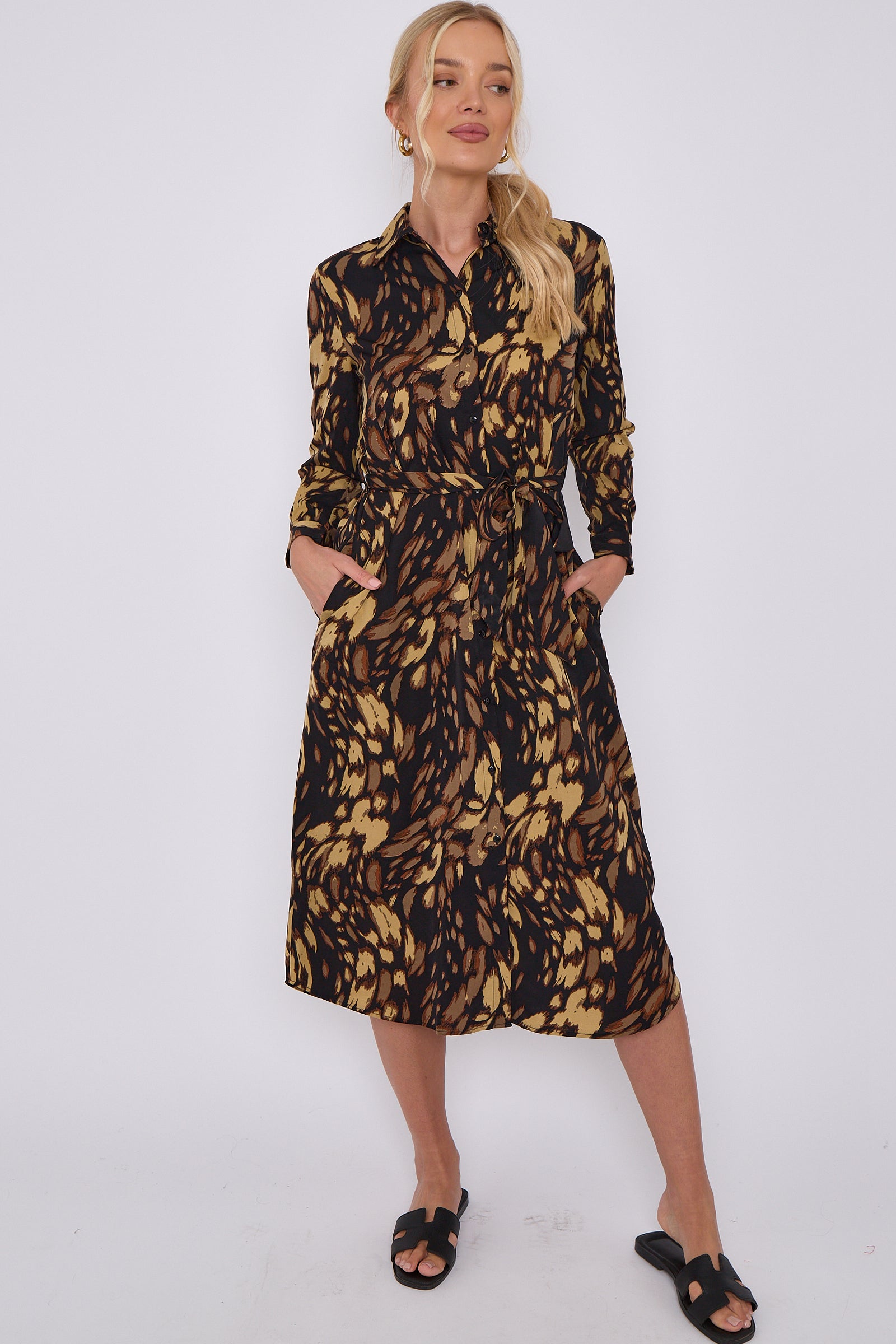 Brown Leopard Print Long Sleeve Midi Shirt Dress