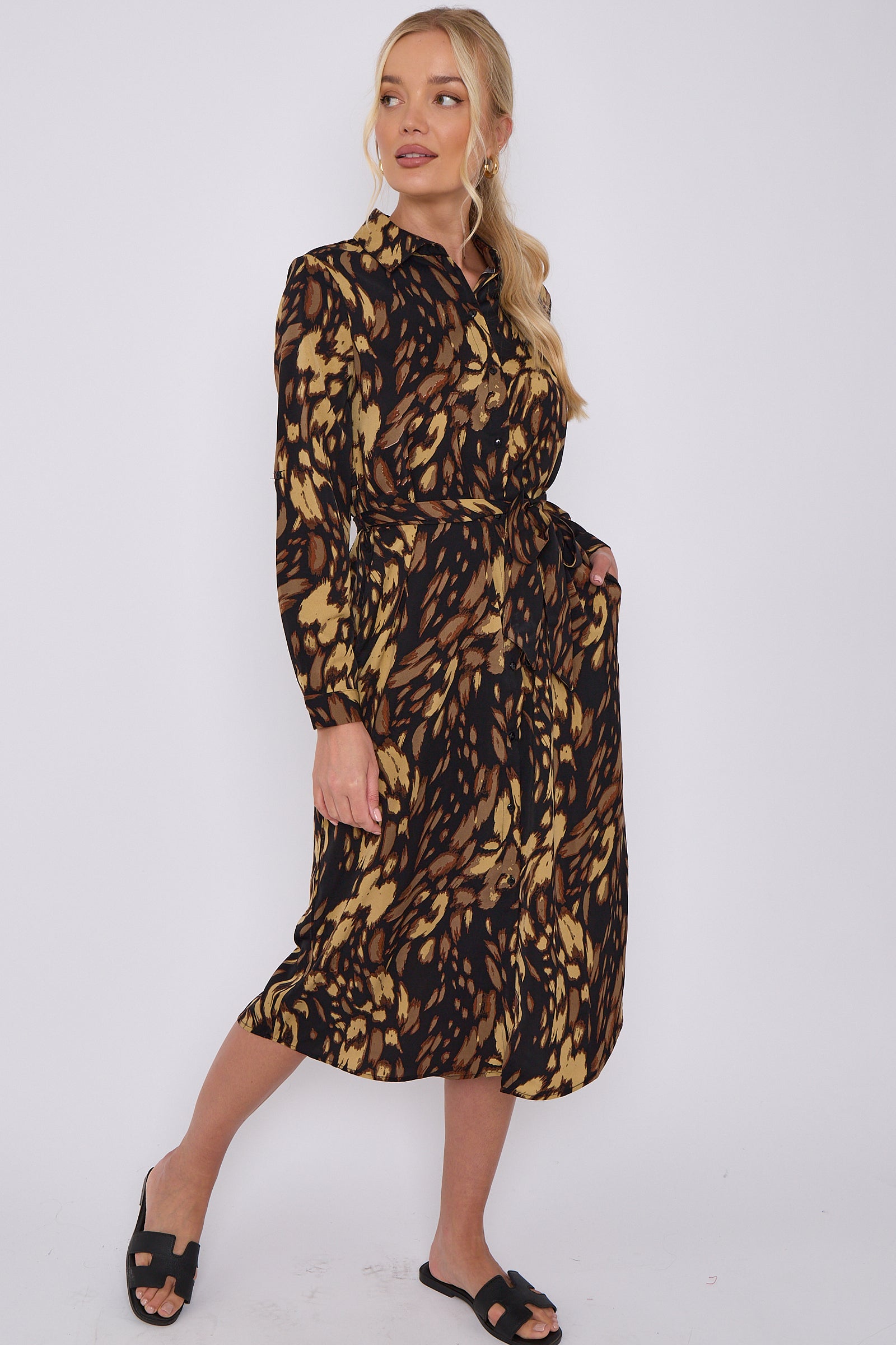 Brown Leopard Print Long Sleeve Midi Shirt Dress