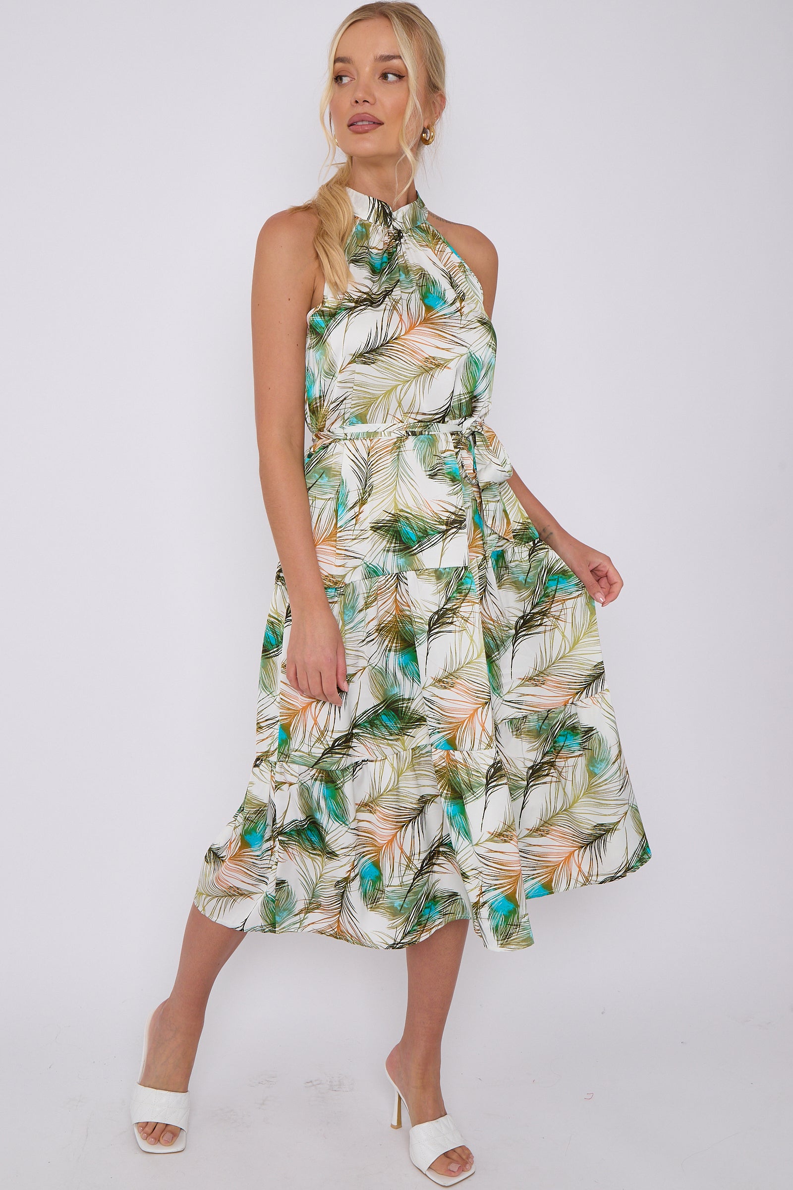 Peacock Feather Print Halter Neck Satin Midi Dress