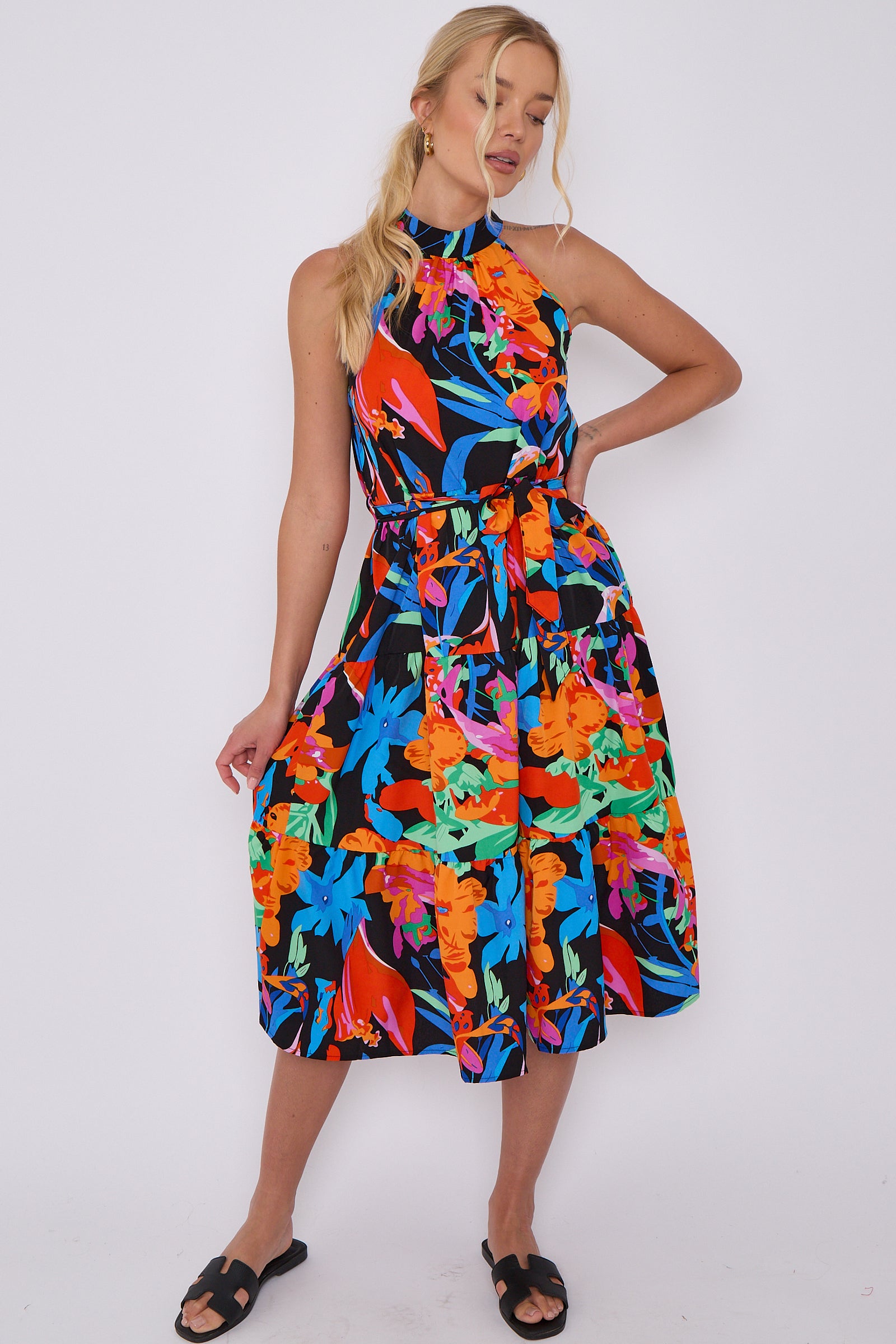 Abstract Floral Print Halter Neck Midi Dress