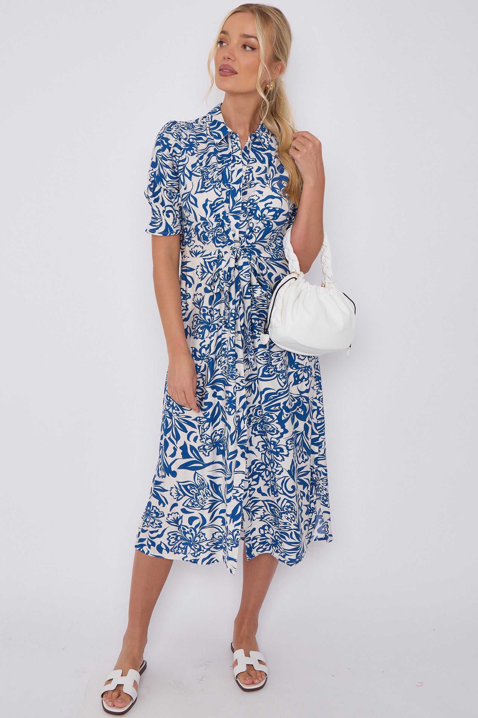 Blue Floral Print Baloon Sleeve Knotted Midi Dress