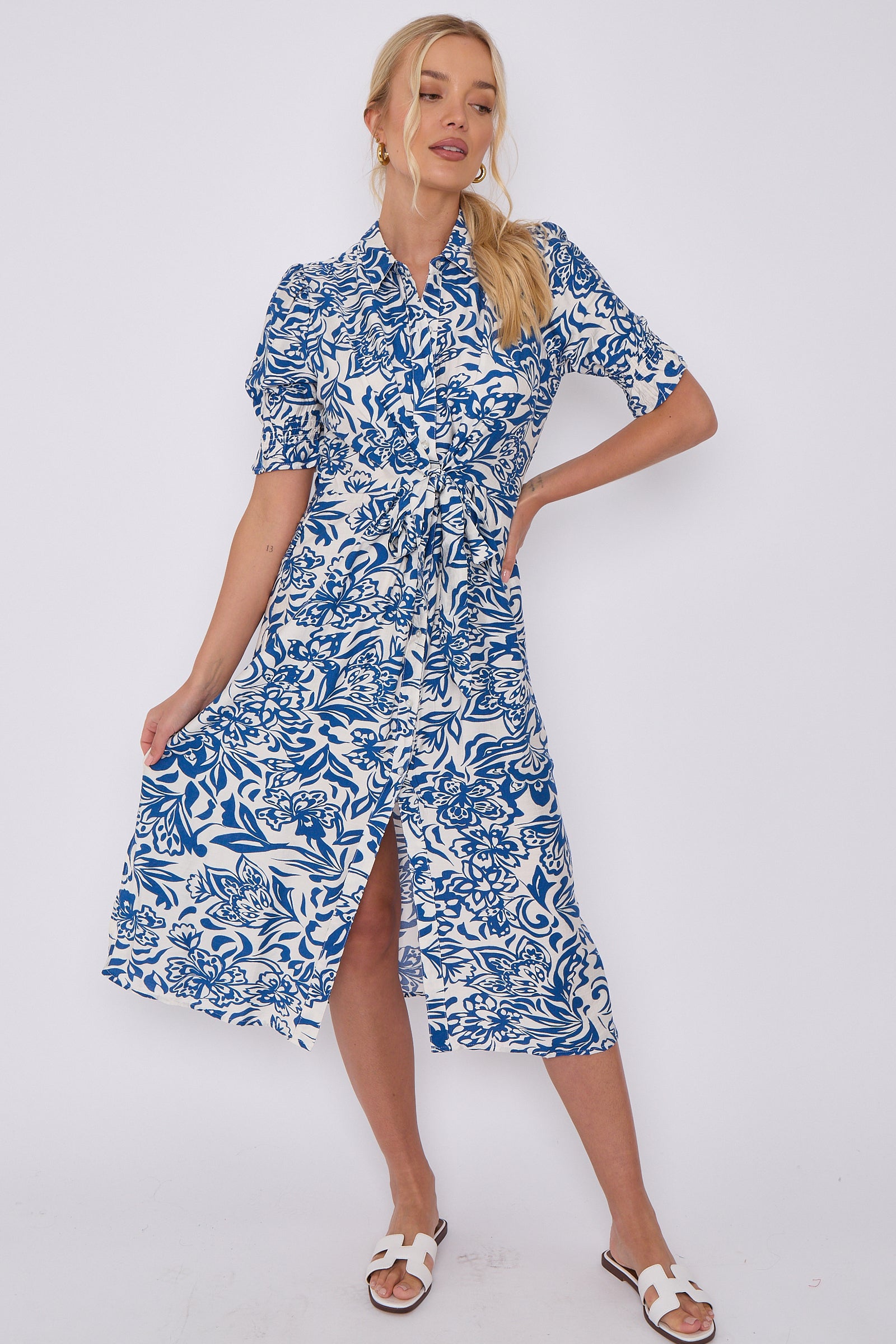 Blue Floral Print Baloon Sleeve Knotted Midi Dress