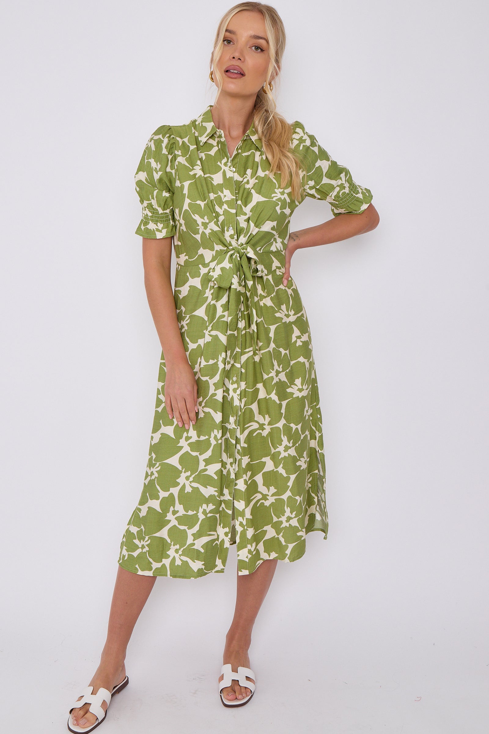 Green Flower Print Baloon Sleeve Knotted Midi Dress