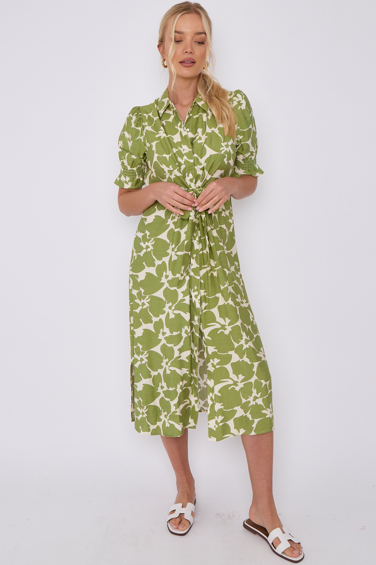 Green Flower Print Baloon Sleeve Knotted Midi Dress