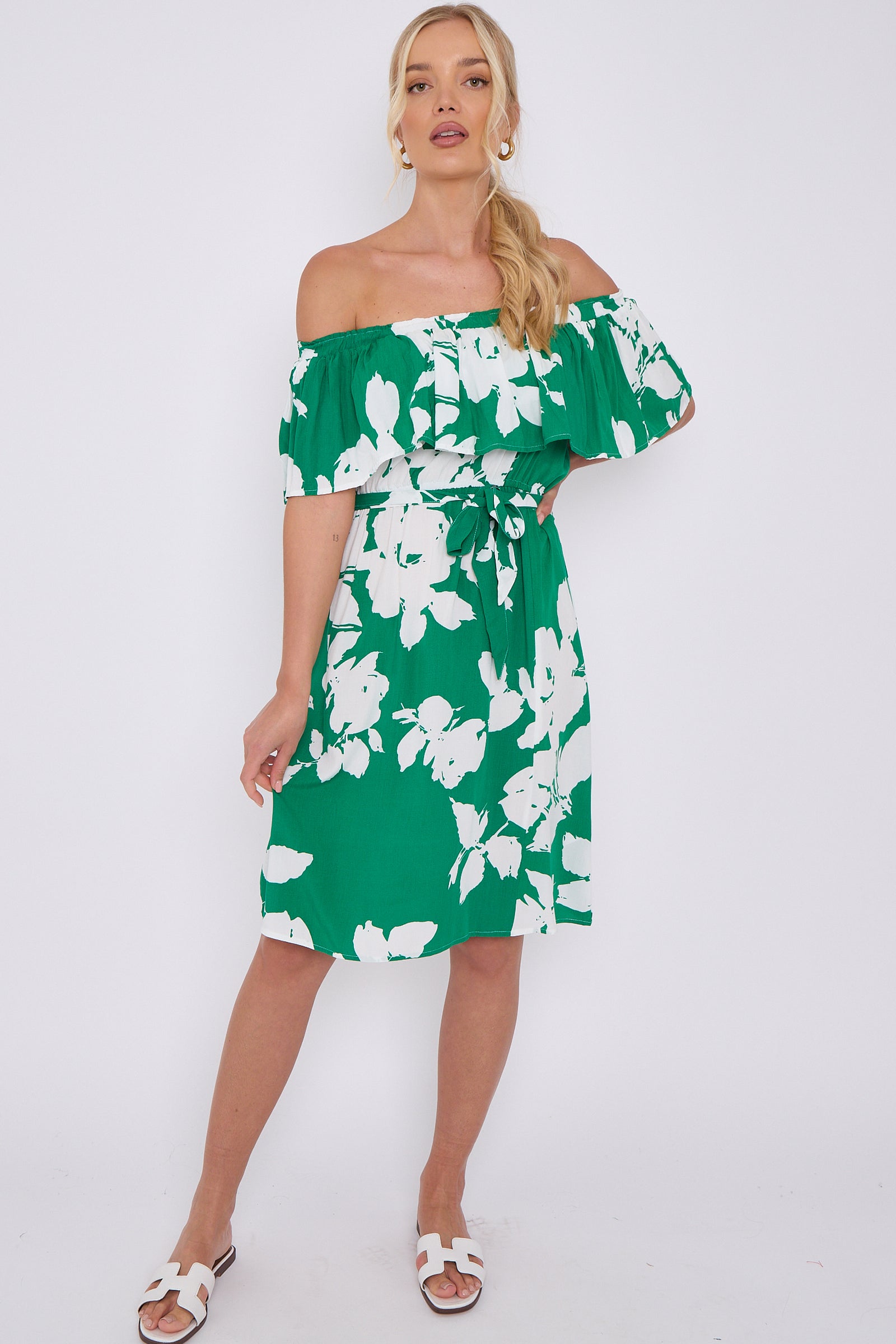 Green Floral Print Bardot Mini Dress