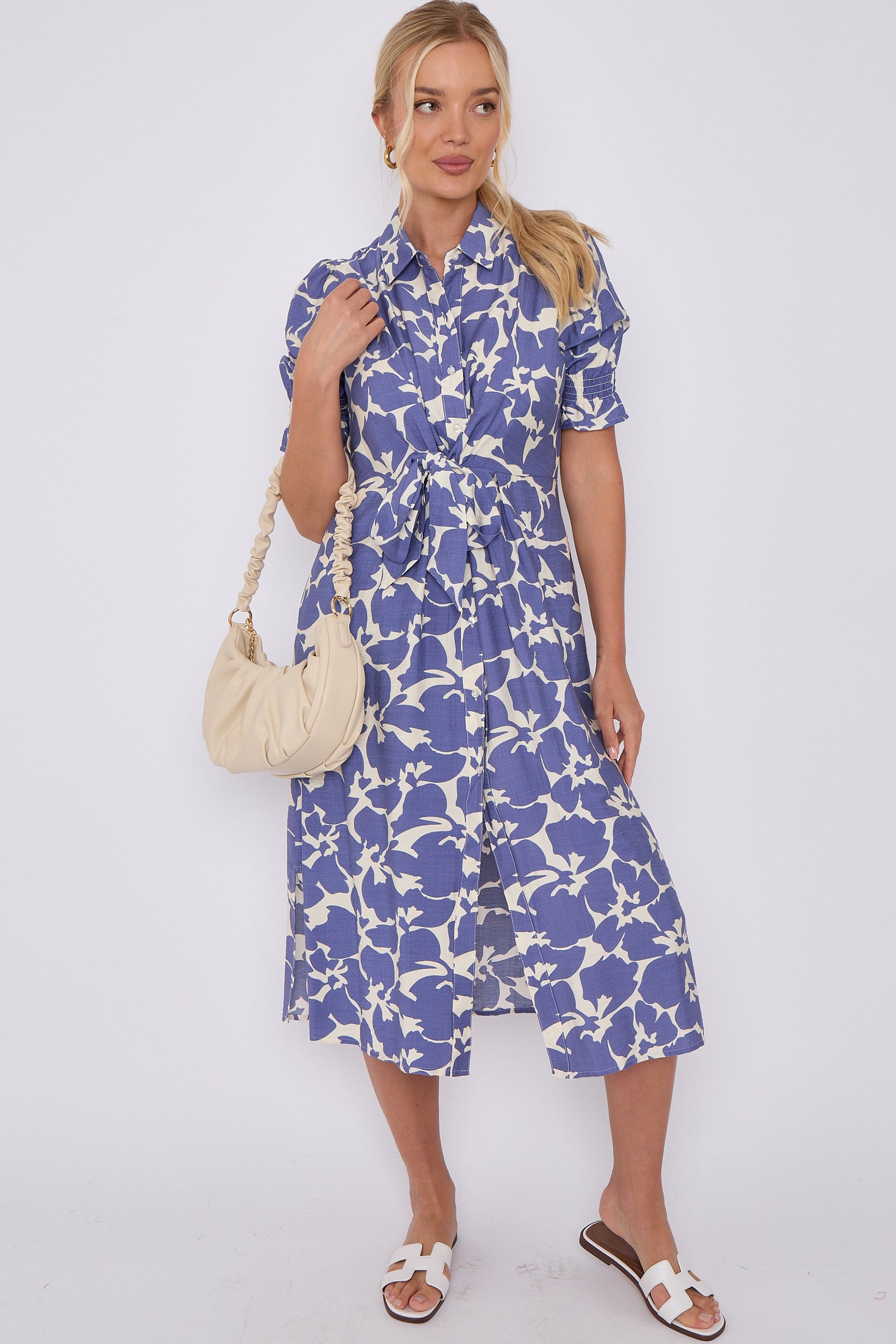 Blue Flower Print Baloon Sleeve Knotted Midi Dress