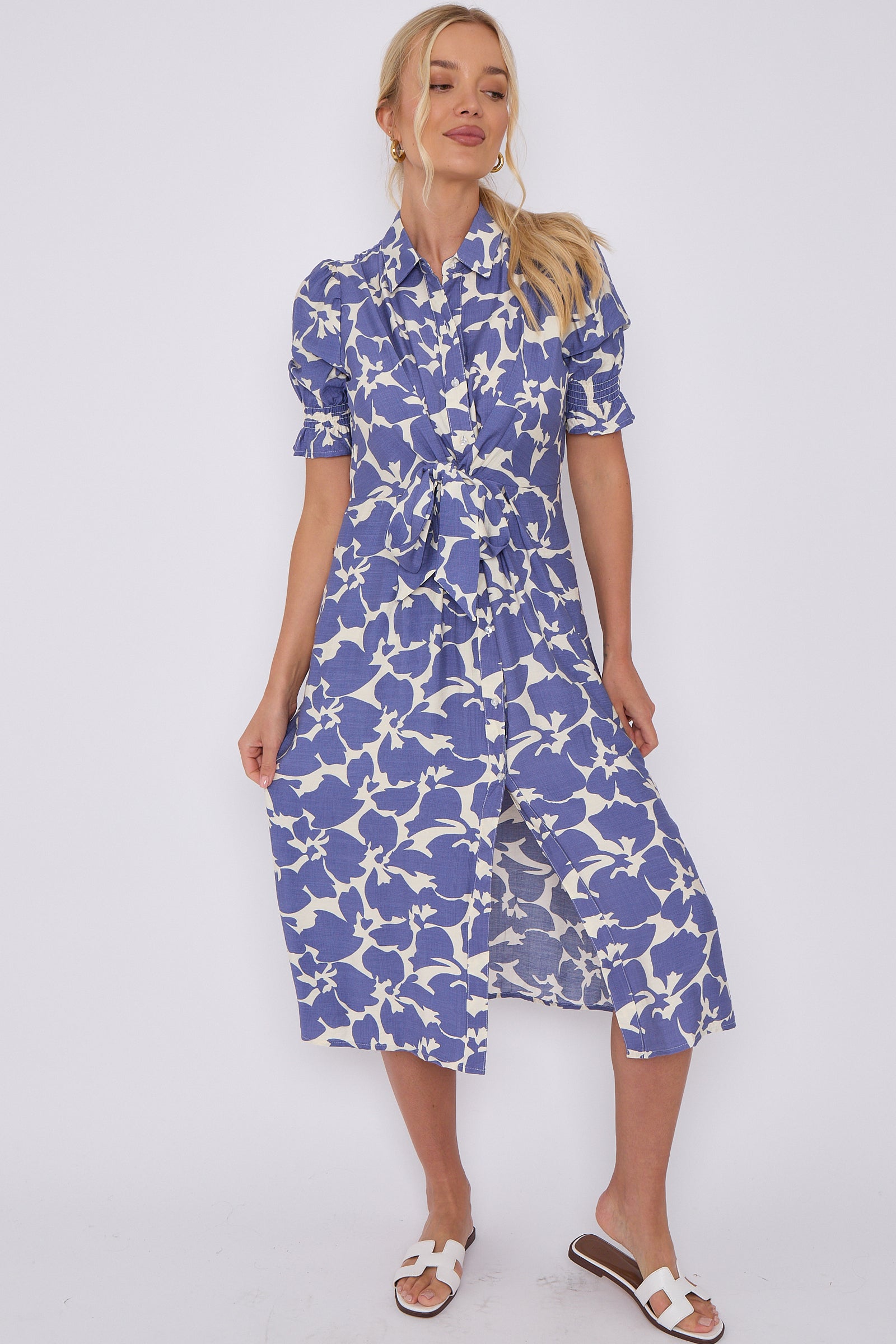 Blue Flower Print Baloon Sleeve Knotted Midi Dress