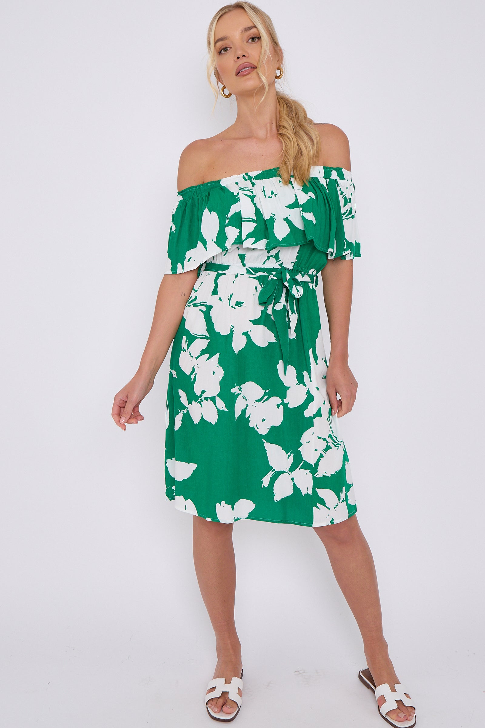 Green Floral Print Bardot Mini Dress