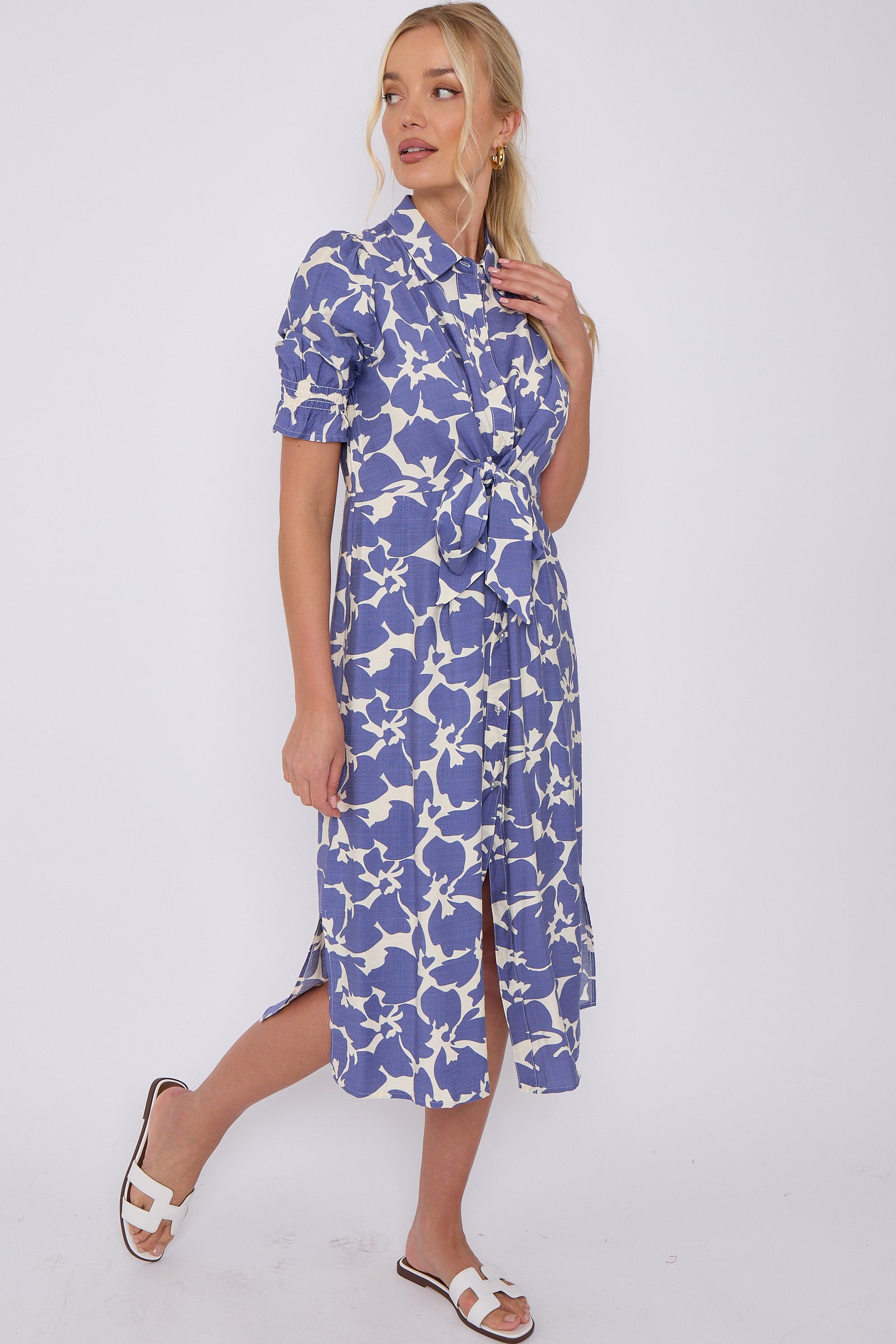 Blue Flower Print Baloon Sleeve Knotted Midi Dress