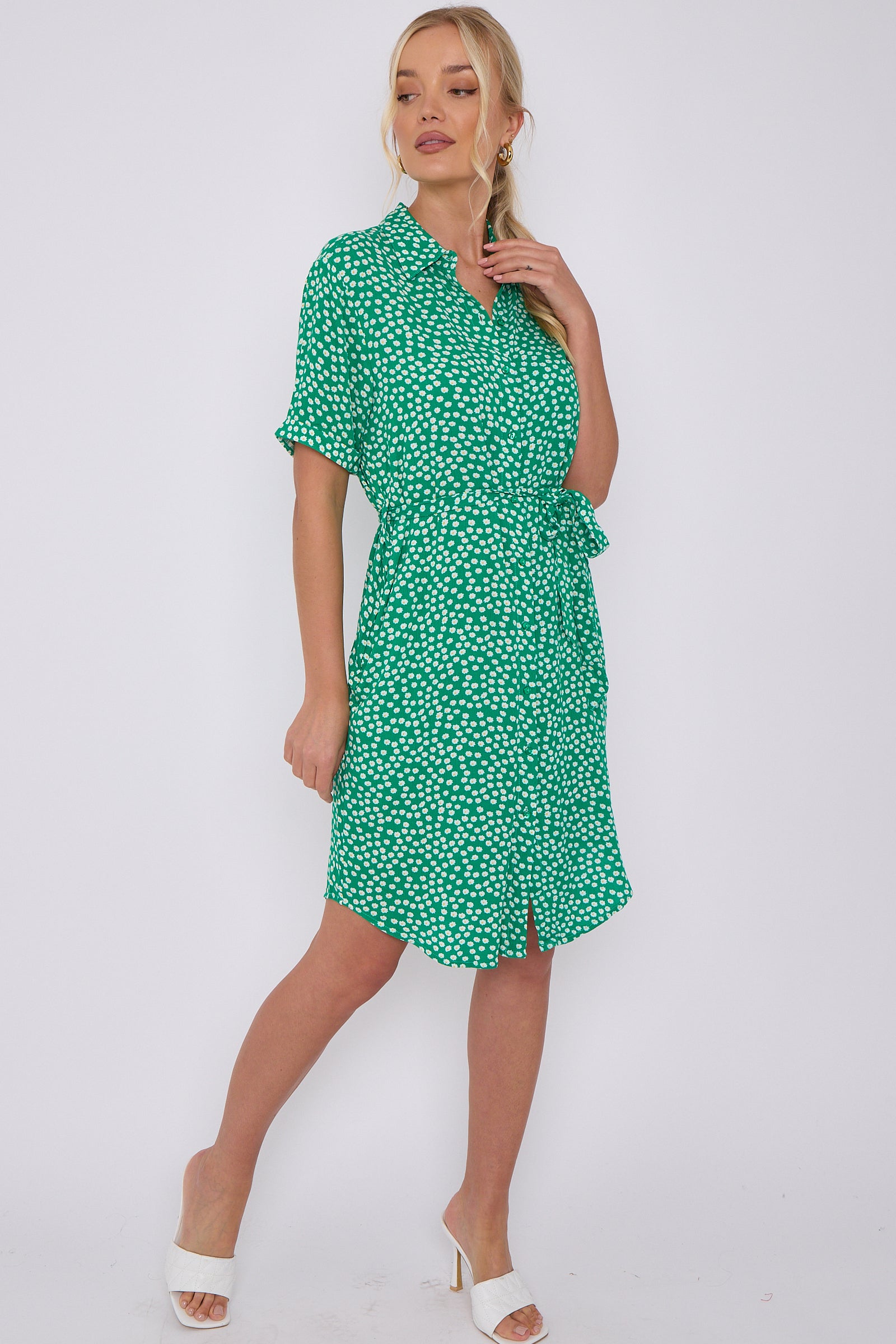 Green Daisy Print Cheesecloth Mini Dress