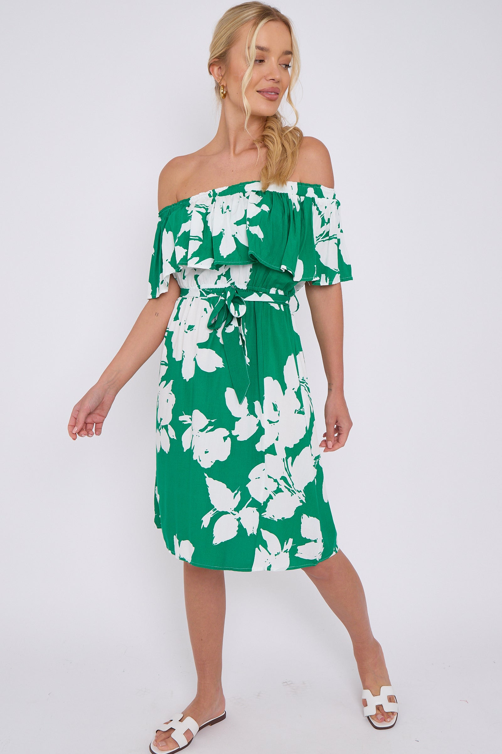 Green Floral Print Bardot Mini Dress