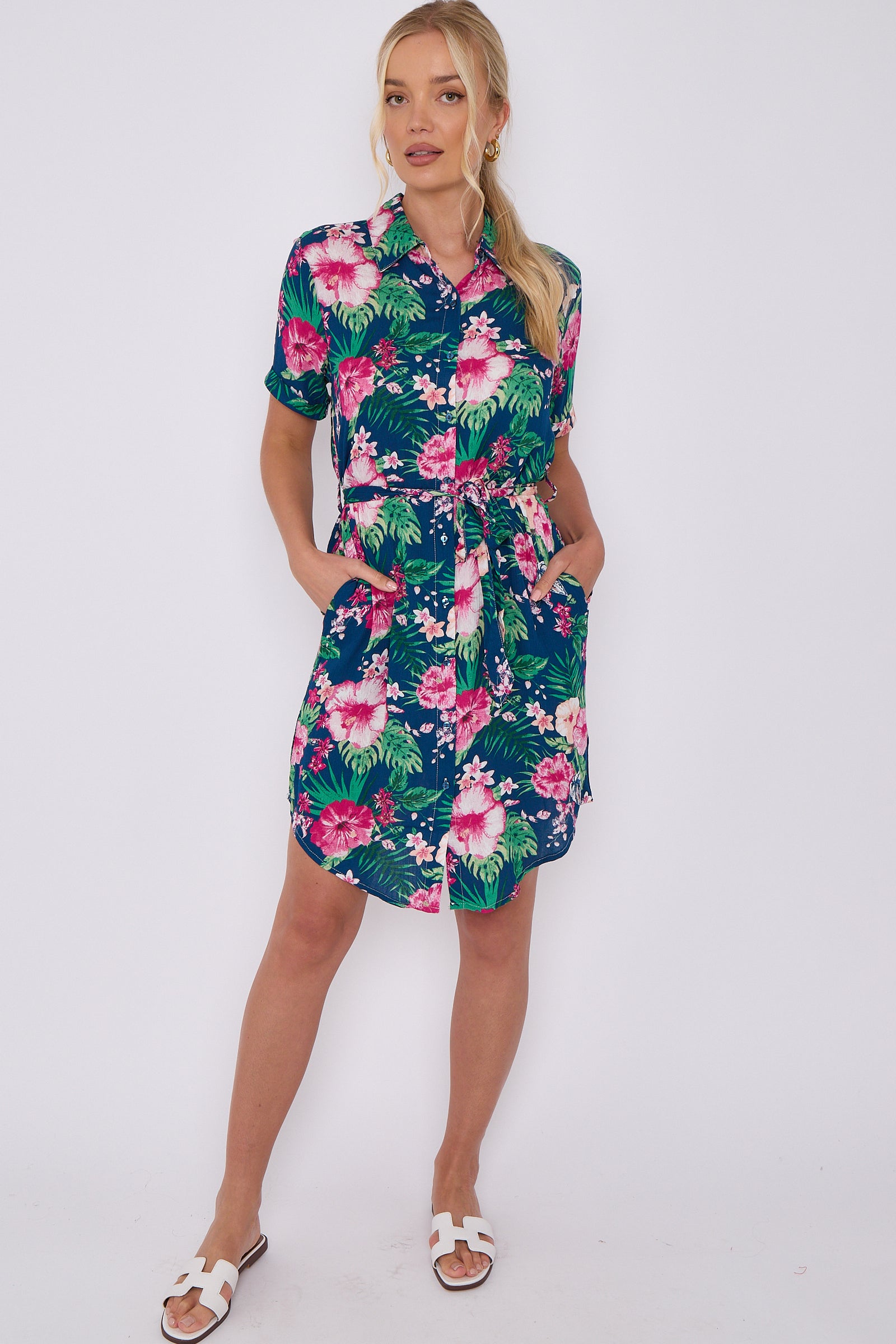 Navy Palm Floral Print Cheesecloth Mini Dress