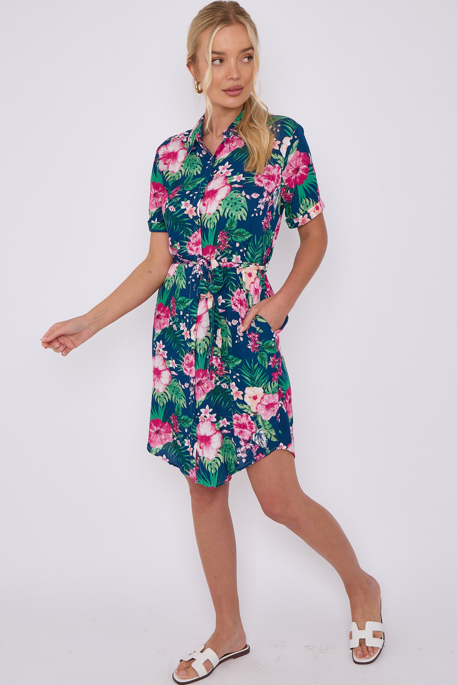 Navy Palm Floral Print Cheesecloth Mini Dress