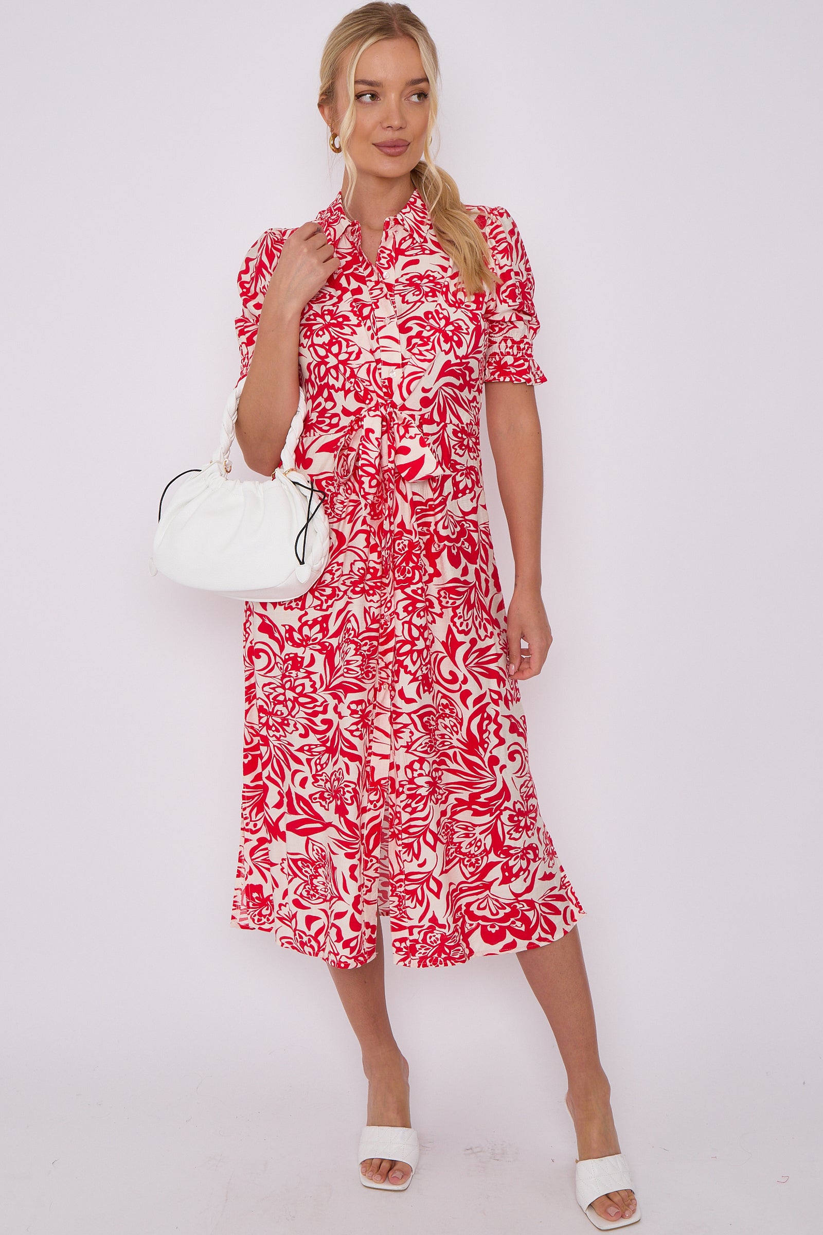 Red Floral Print Baloon Sleeve Knotted Midi Dress