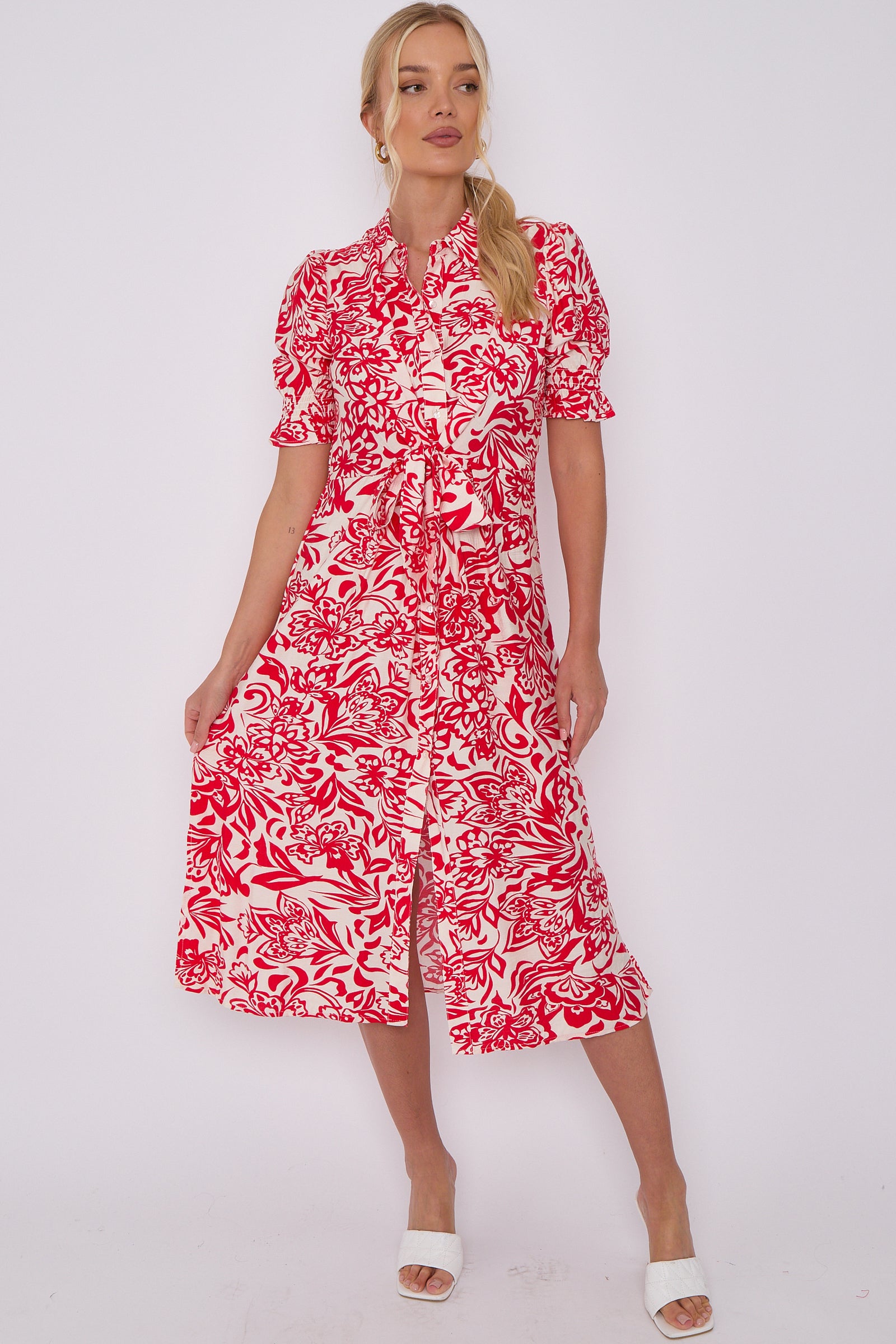 Red Floral Print Baloon Sleeve Knotted Midi Dress