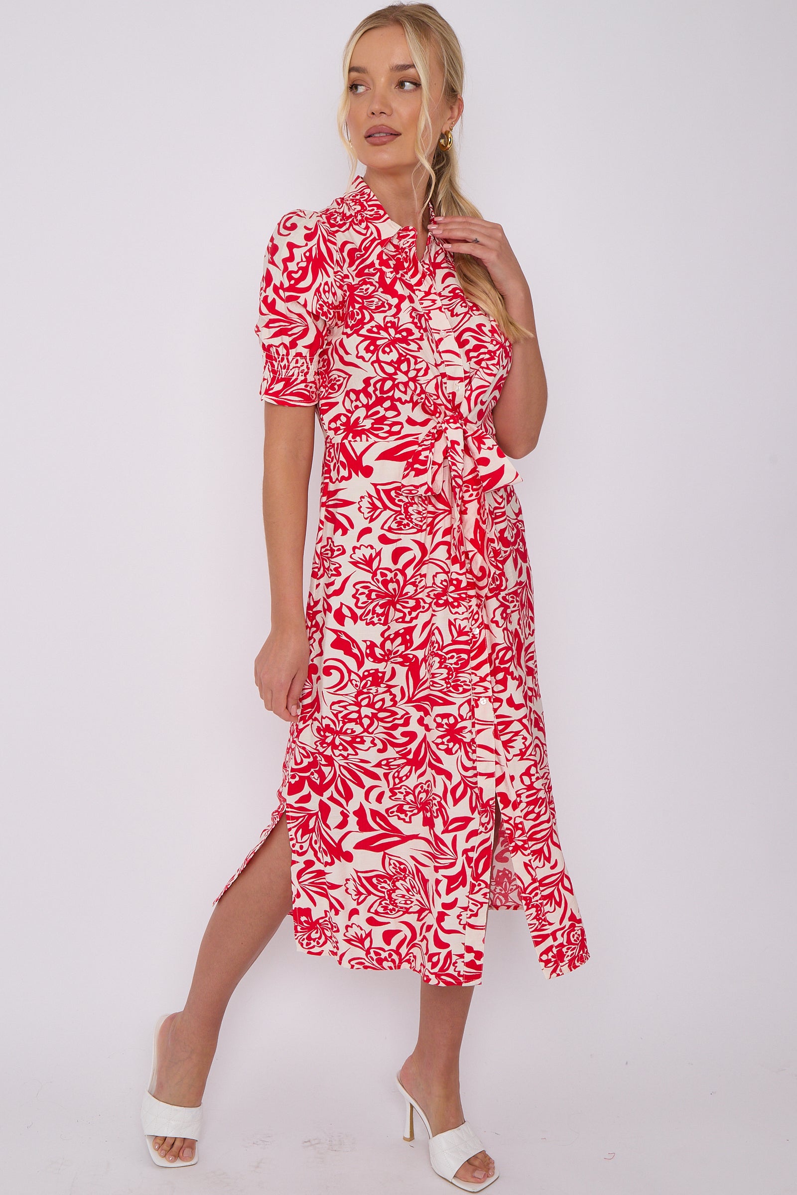 Red Floral Print Baloon Sleeve Knotted Midi Dress