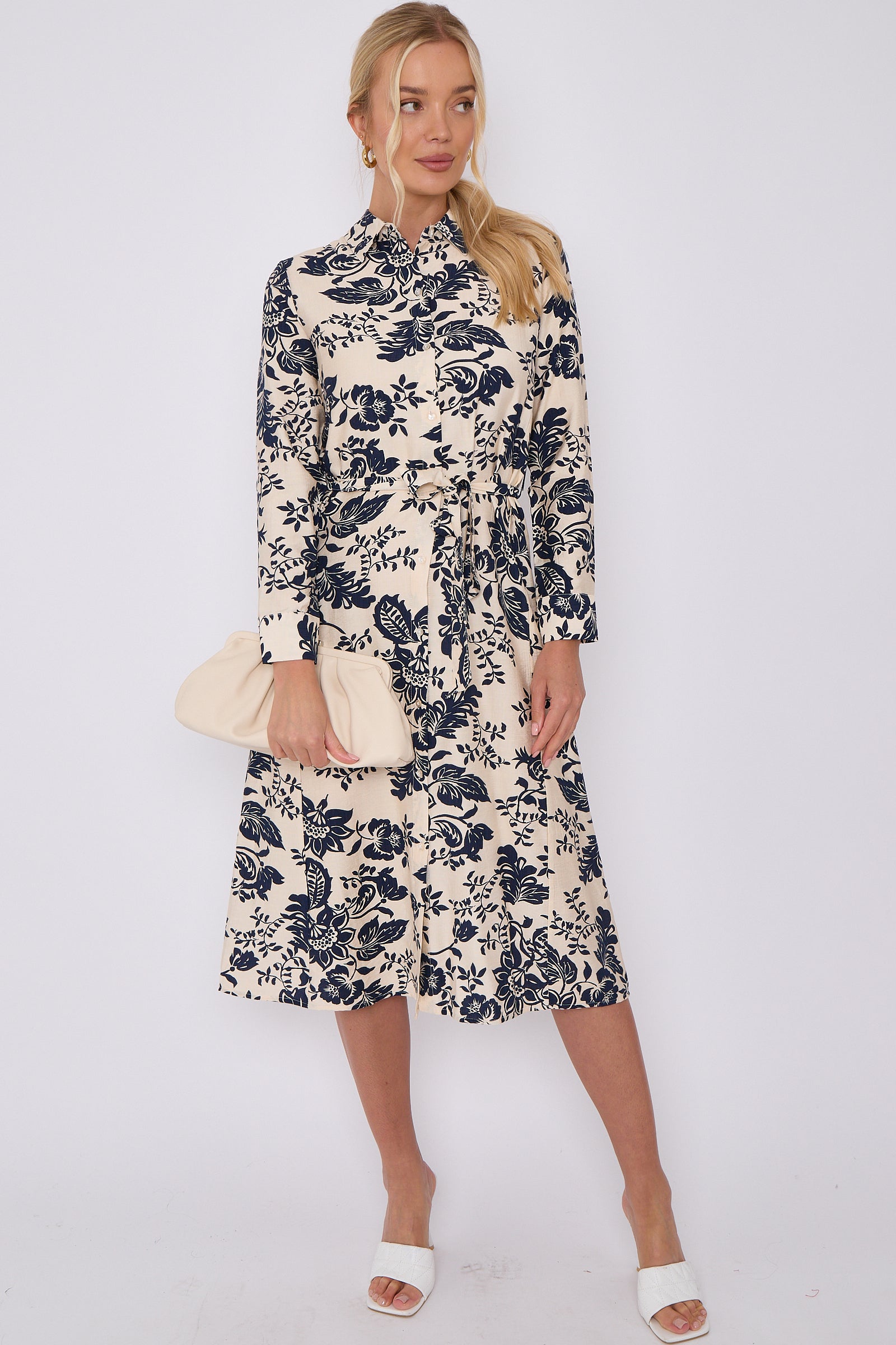 Navy Floral Print Long Sleeve Midi Shirt Dress