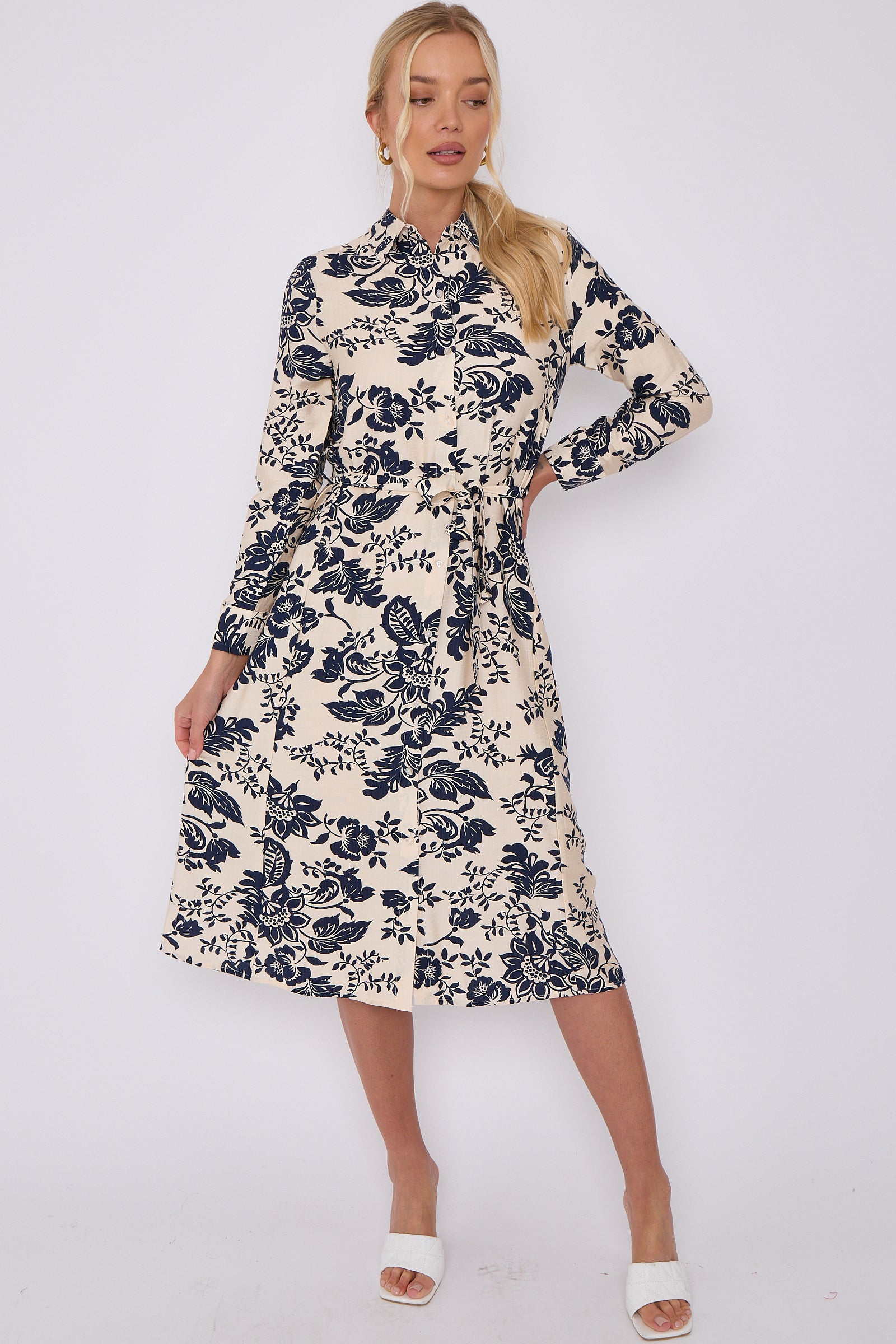 Navy Floral Print Long Sleeve Midi Shirt Dress