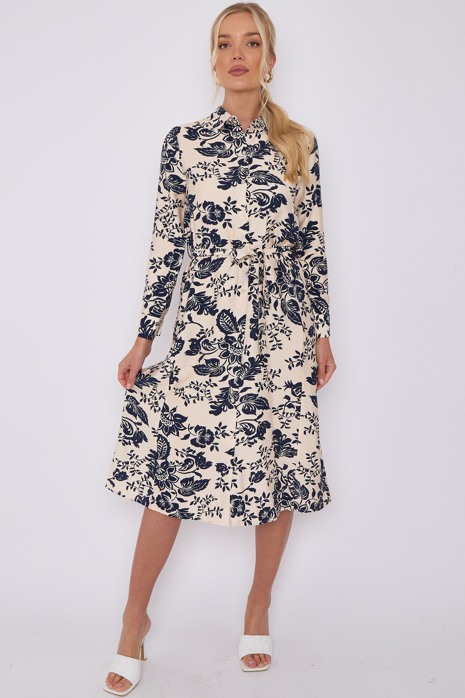 Navy Floral Print Long Sleeve Midi Shirt Dress