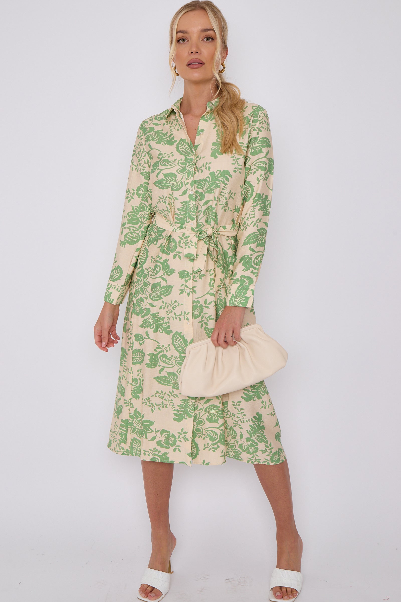 Green Floral Print Long Sleeve Midi Shirt Dress