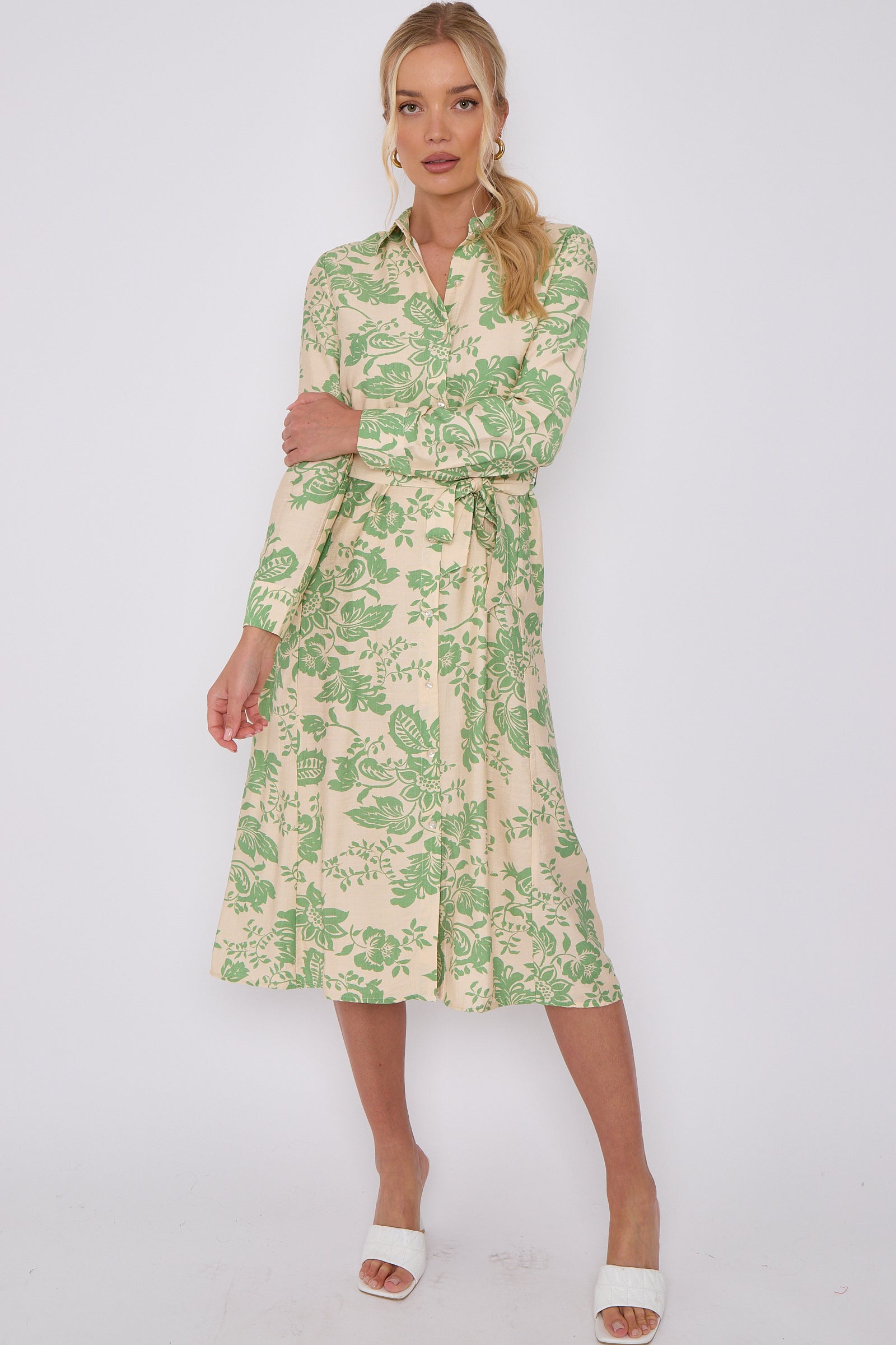 Green Floral Print Long Sleeve Midi Shirt Dress